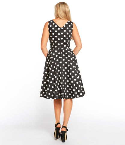 Black & White Polka Dot Sleeveless Swing Dress - Unique Vintage - Womens, DRESSES, FIT AND FLARE