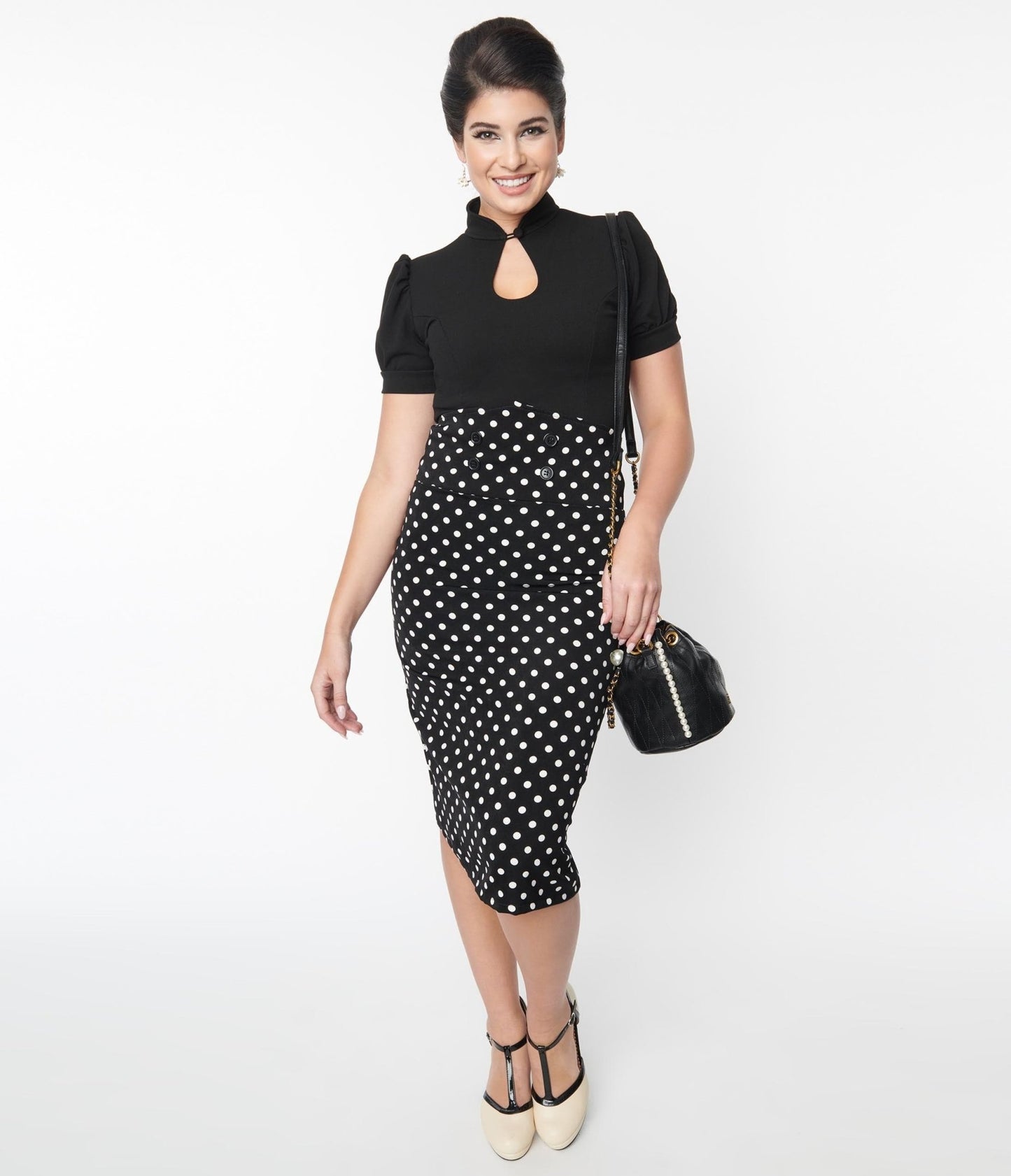 Black & White Polka Dot Wiggle Skirt - Unique Vintage - Womens, BOTTOMS, SKIRTS