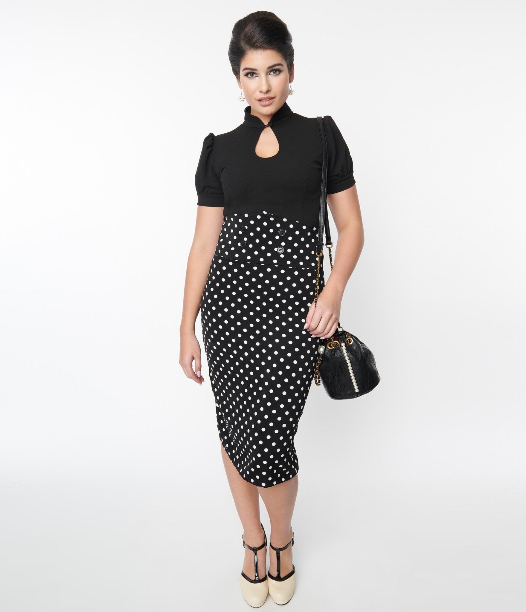 Black & White Polka Dot Wiggle Skirt - Unique Vintage - Womens, BOTTOMS, SKIRTS