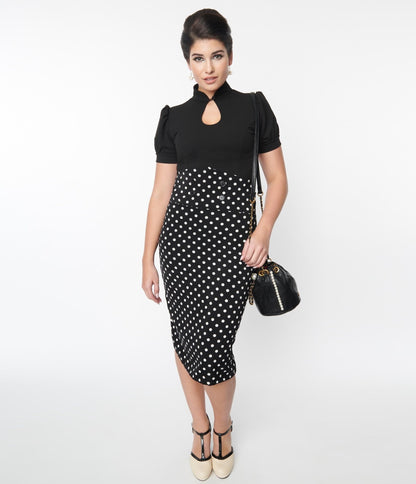 Black & White Polka Dot Wiggle Skirt - Unique Vintage - Womens, BOTTOMS, SKIRTS