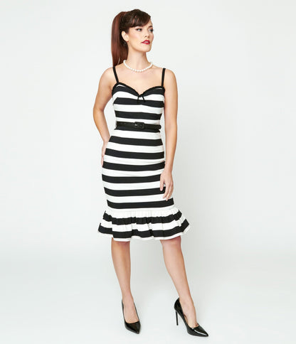 Black & White Stripe Peplum Wiggle Dress - Unique Vintage - Womens, DRESSES, WIGGLE