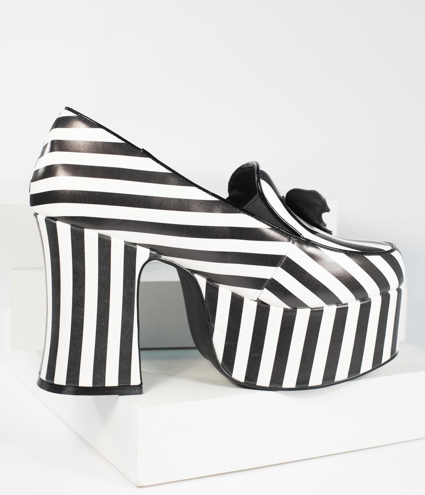 Black & White Stripe Vegan Leather Banshee Platform Heels - Unique Vintage - Womens, HALLOWEEN, SHOES