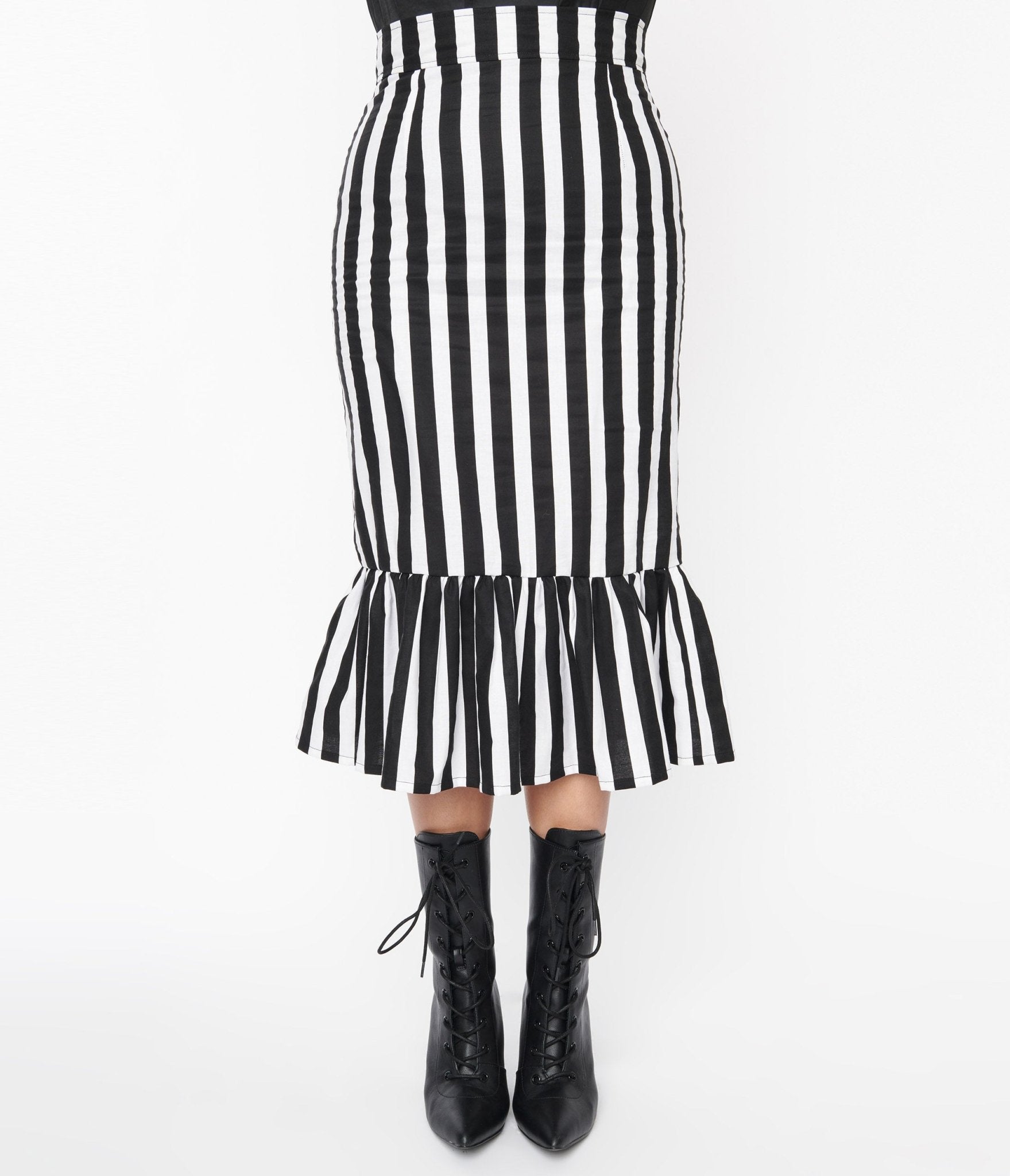 Black & White Stripe Veronica Midi Skirt - Unique Vintage - Womens, HALLOWEEN, BOTTOMS