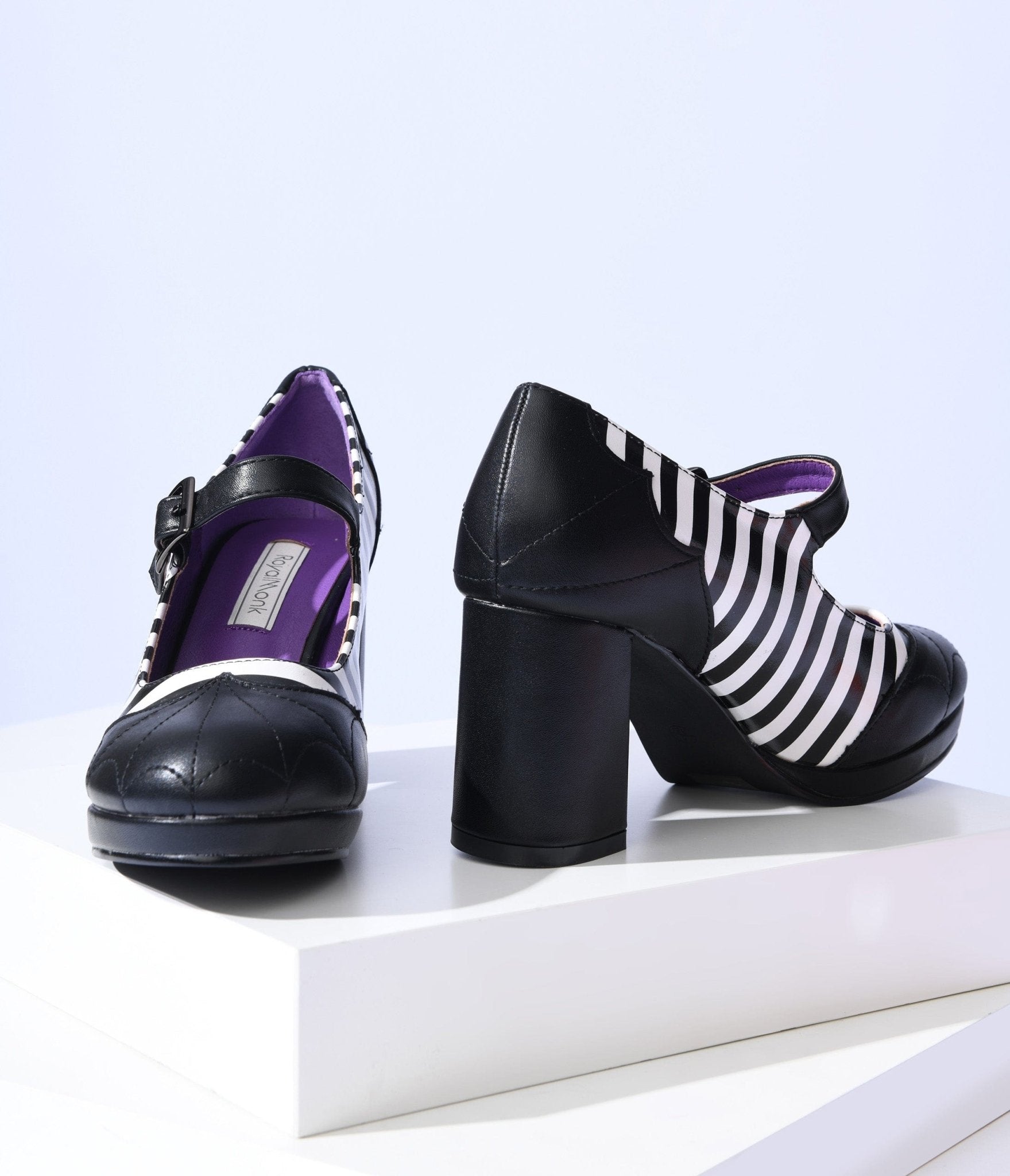 Black & White Stripe Web Leatherette Mary Jane Heels - Unique Vintage - Womens, HALLOWEEN, SHOES