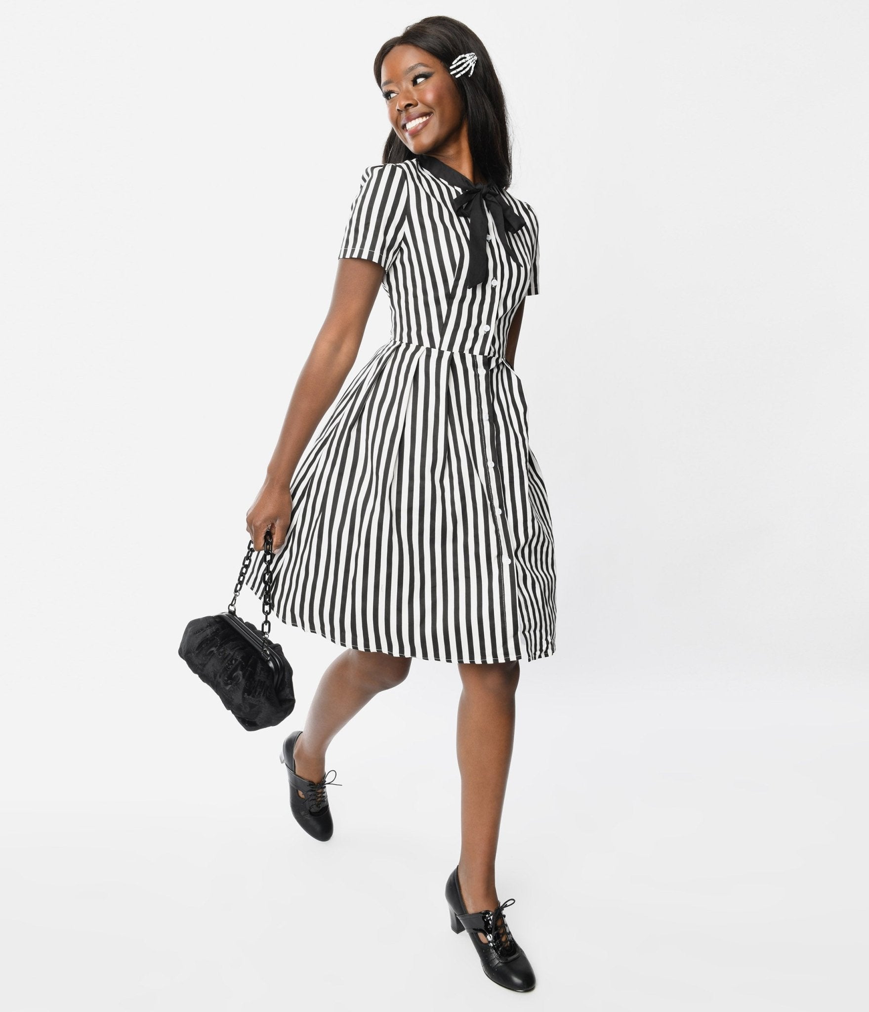 Black & White Striped Rockabilly Fit & Flare Dress - Unique Vintage - Womens, HALLOWEEN, DRESSES
