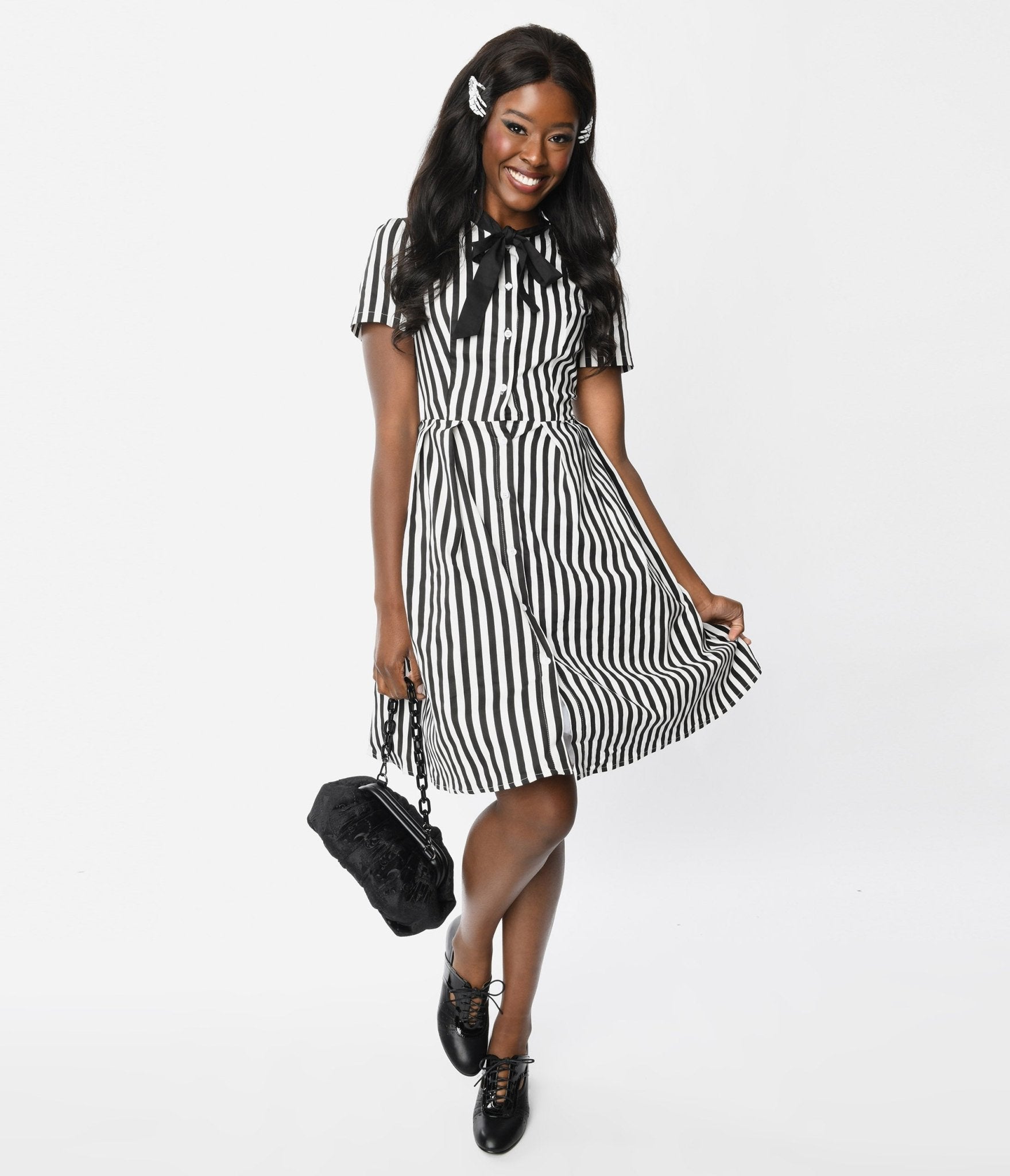 Black & White Striped Rockabilly Fit & Flare Dress - Unique Vintage - Womens, HALLOWEEN, DRESSES