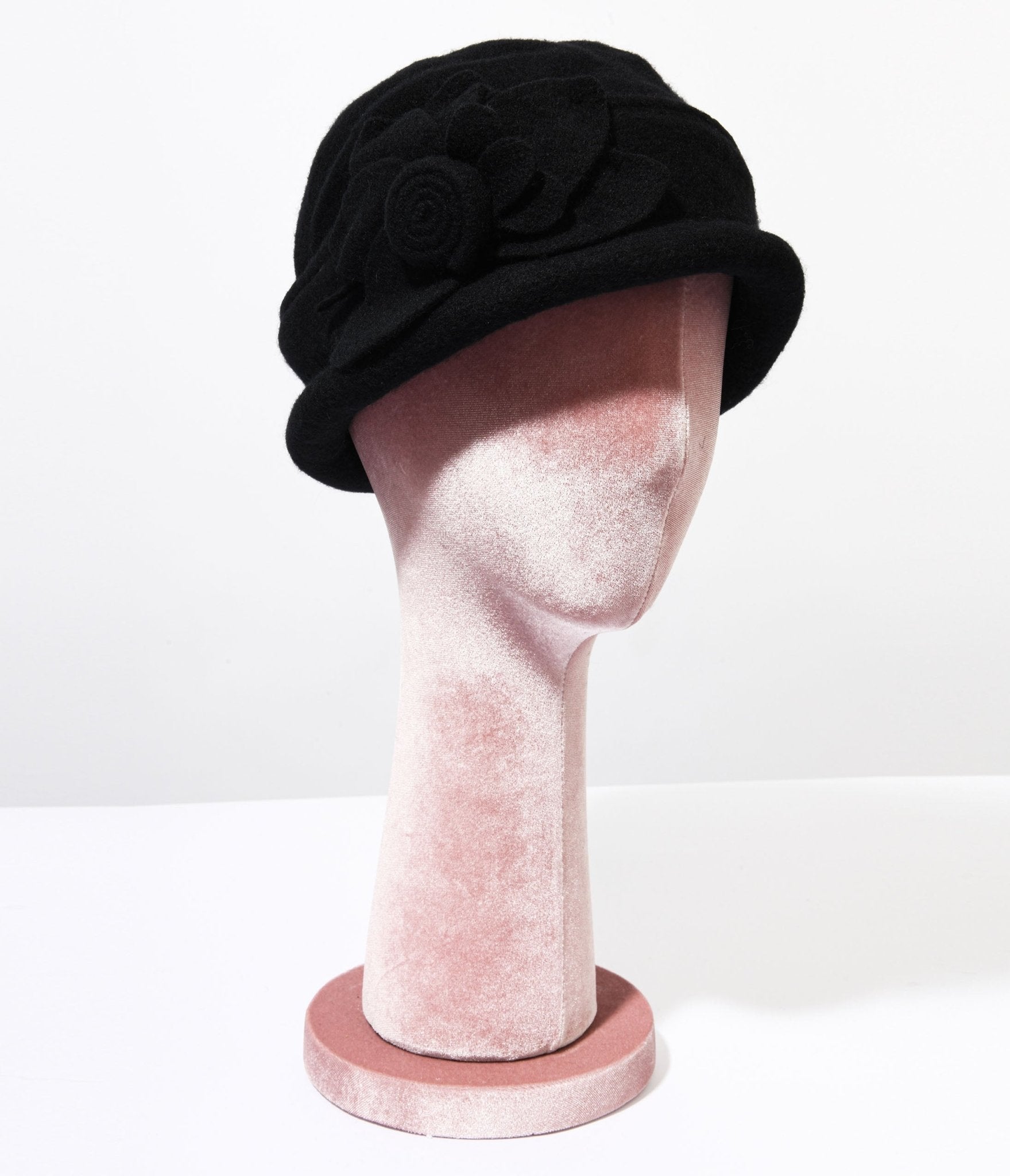 Black Wool Flower Petal Cloche - Unique Vintage - Womens, ACCESSORIES, HATS