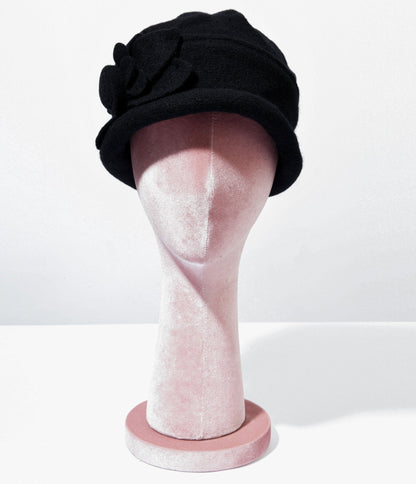 Black Wool Flower Petal Cloche - Unique Vintage - Womens, ACCESSORIES, HATS