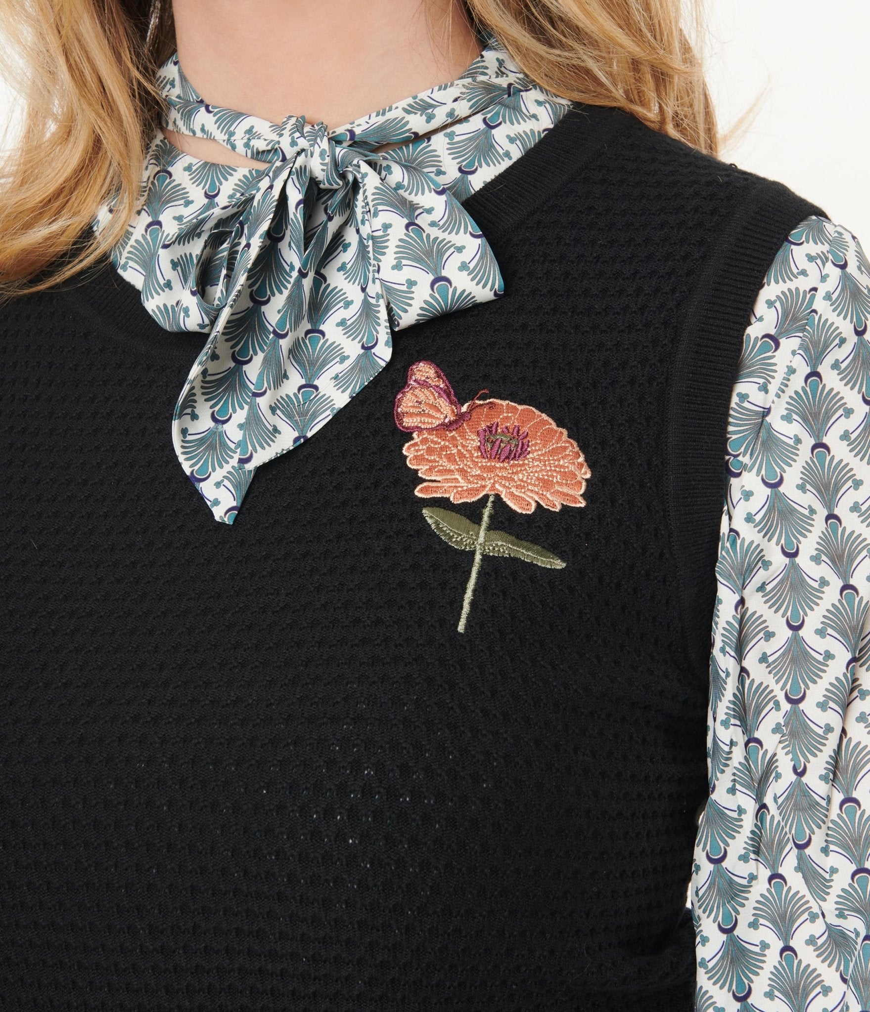 Black & Zinnia Floral Sleeveless Knit Sweater - Unique Vintage - Womens, TOPS, KNIT TOPS