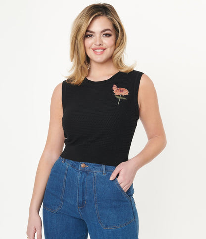 Black & Zinnia Floral Sleeveless Knit Sweater - Unique Vintage - Womens, TOPS, KNIT TOPS