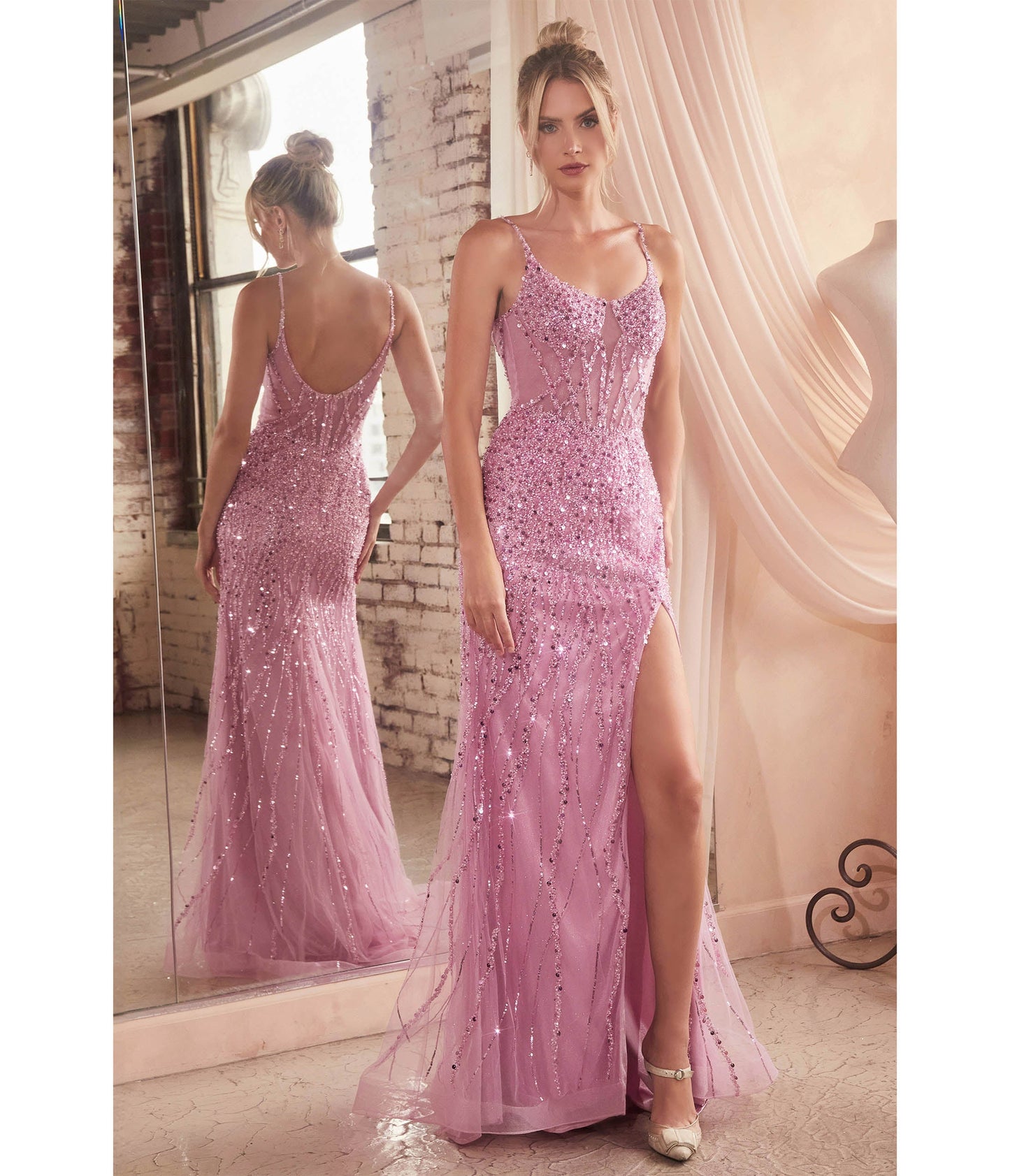 Blossom Pink Sequin Beaded High Slit Fitted Prom Gown - Unique Vintage - Womens, DRESSES, PROM AND SPECIAL OCCASION
