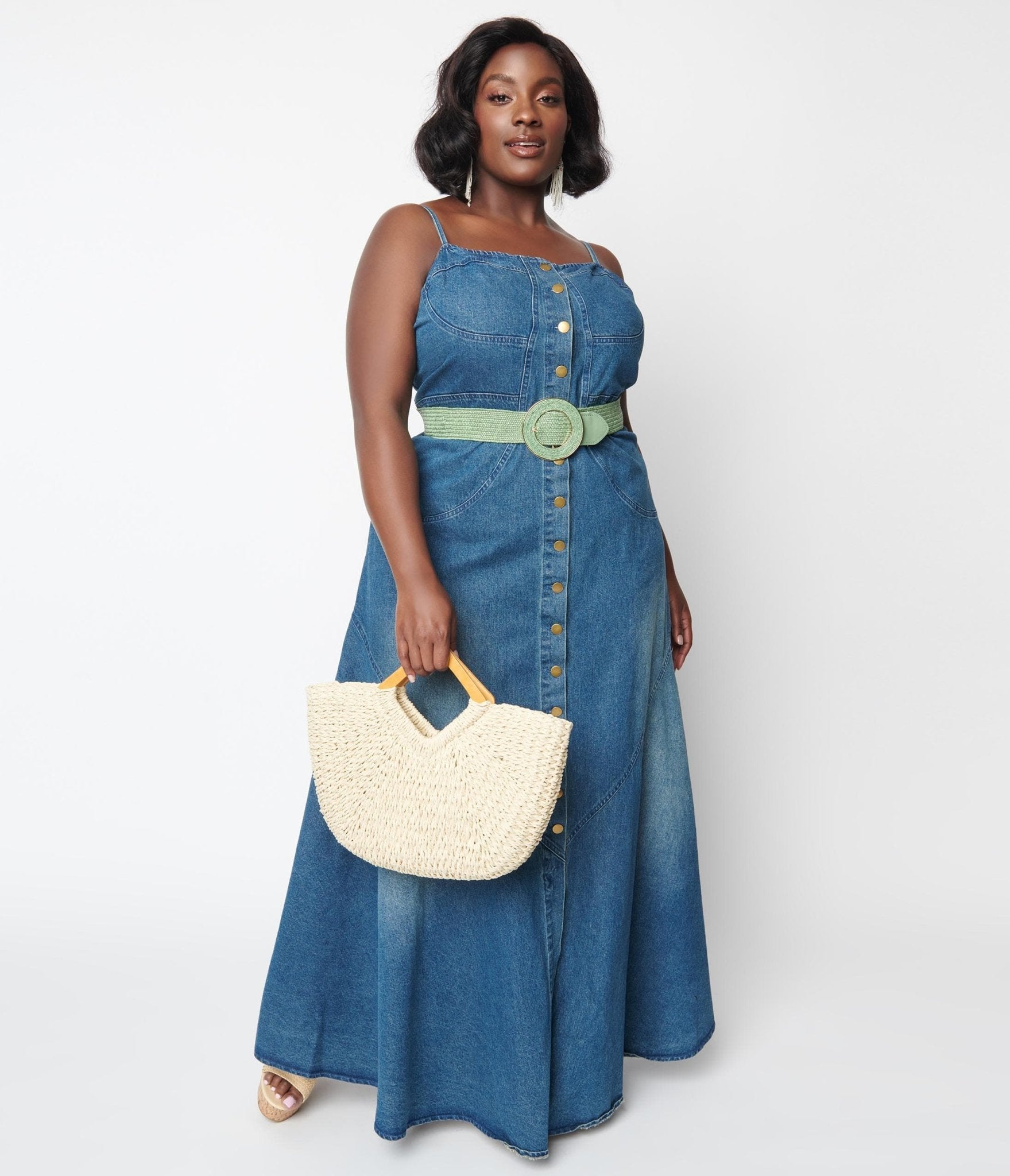 Retro & Vintage Blue Denim Button Down Maxi Dress