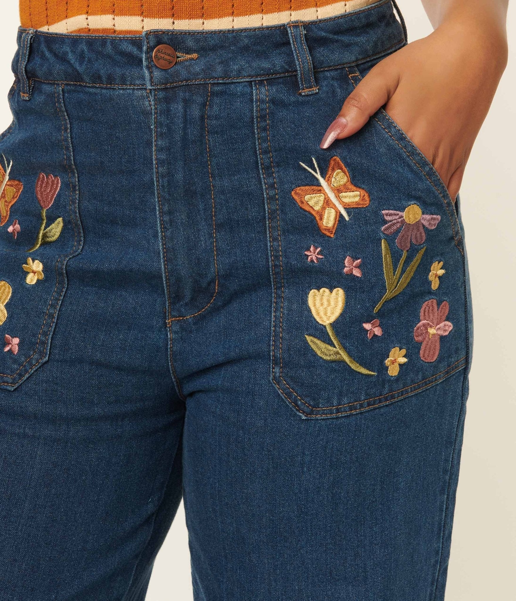 Blue Denim Embroidered Floral Jeans - Unique Vintage - Womens, BOTTOMS, JEANS