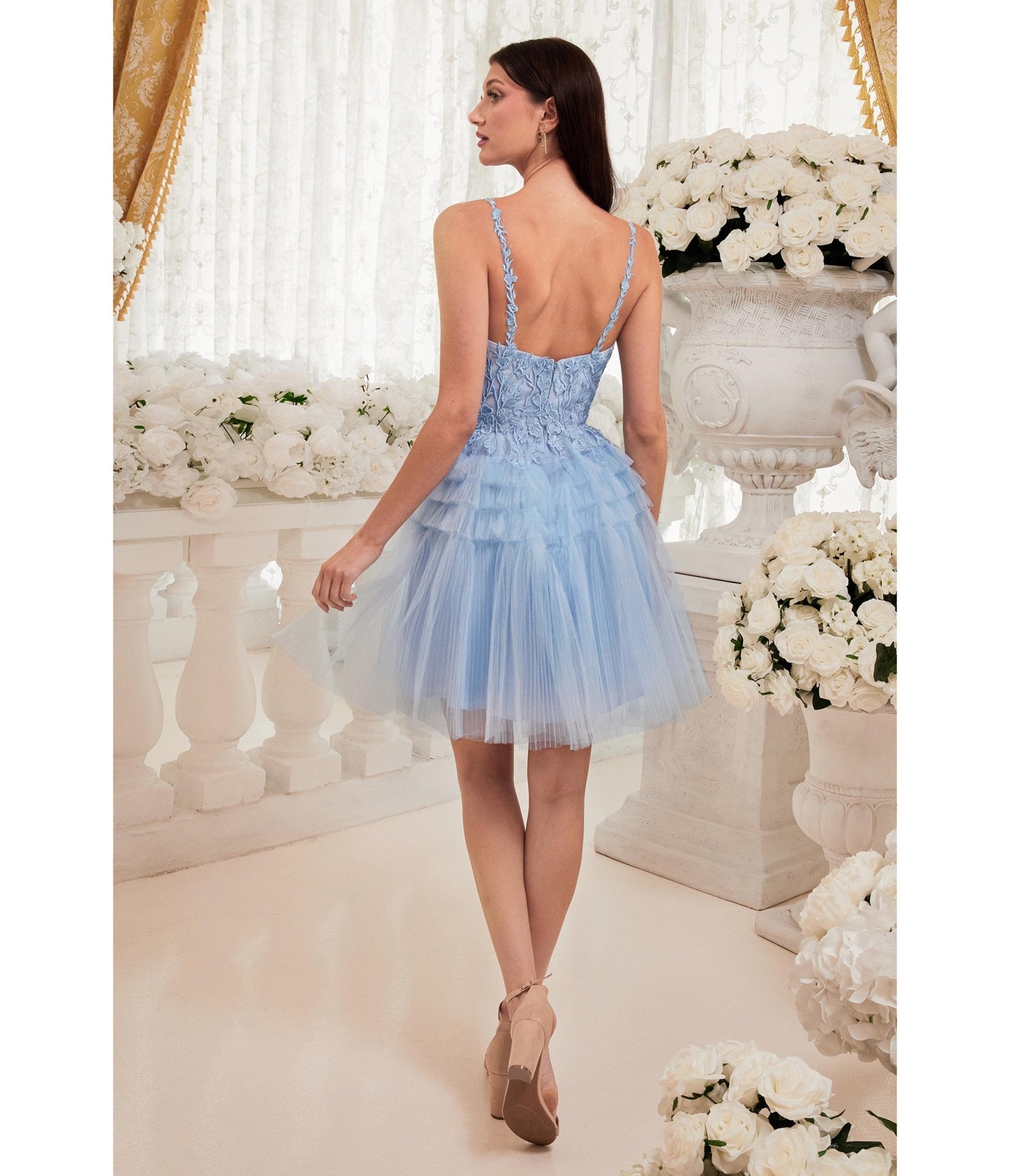 Blue Floral Applique & Tiered Tulle Cocktail Dress - Unique Vintage - Womens, DRESSES, PROM AND SPECIAL OCCASION