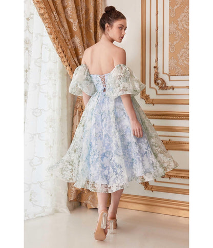 Blue Floral Strapless Hepburn Tea Bridesmaid Gown - Unique Vintage - Womens, DRESSES, PROM AND SPECIAL OCCASION