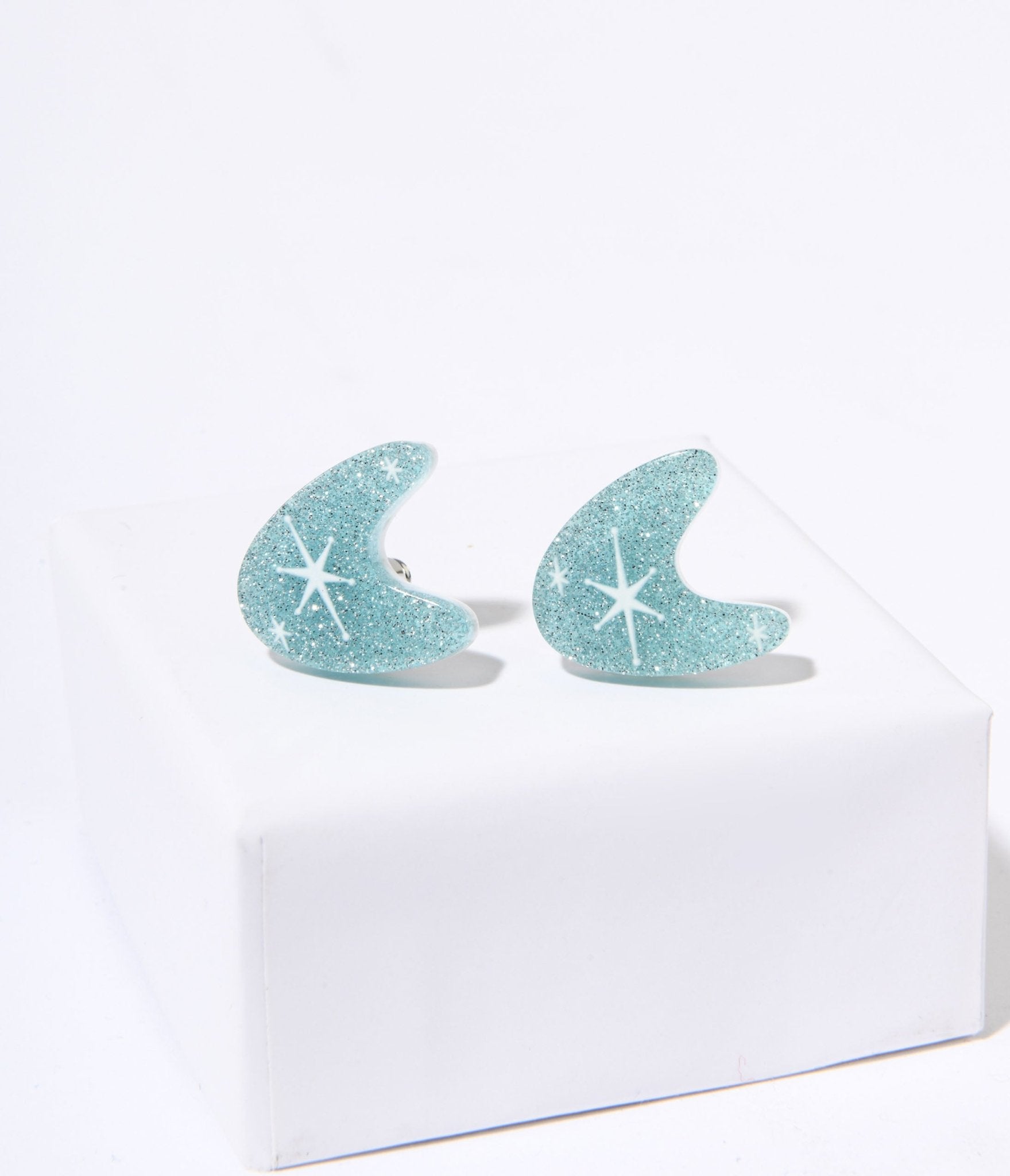Blue Glitter Atomic Boomerang Stud Earrings - Unique Vintage - Womens, ACCESSORIES, JEWELRY