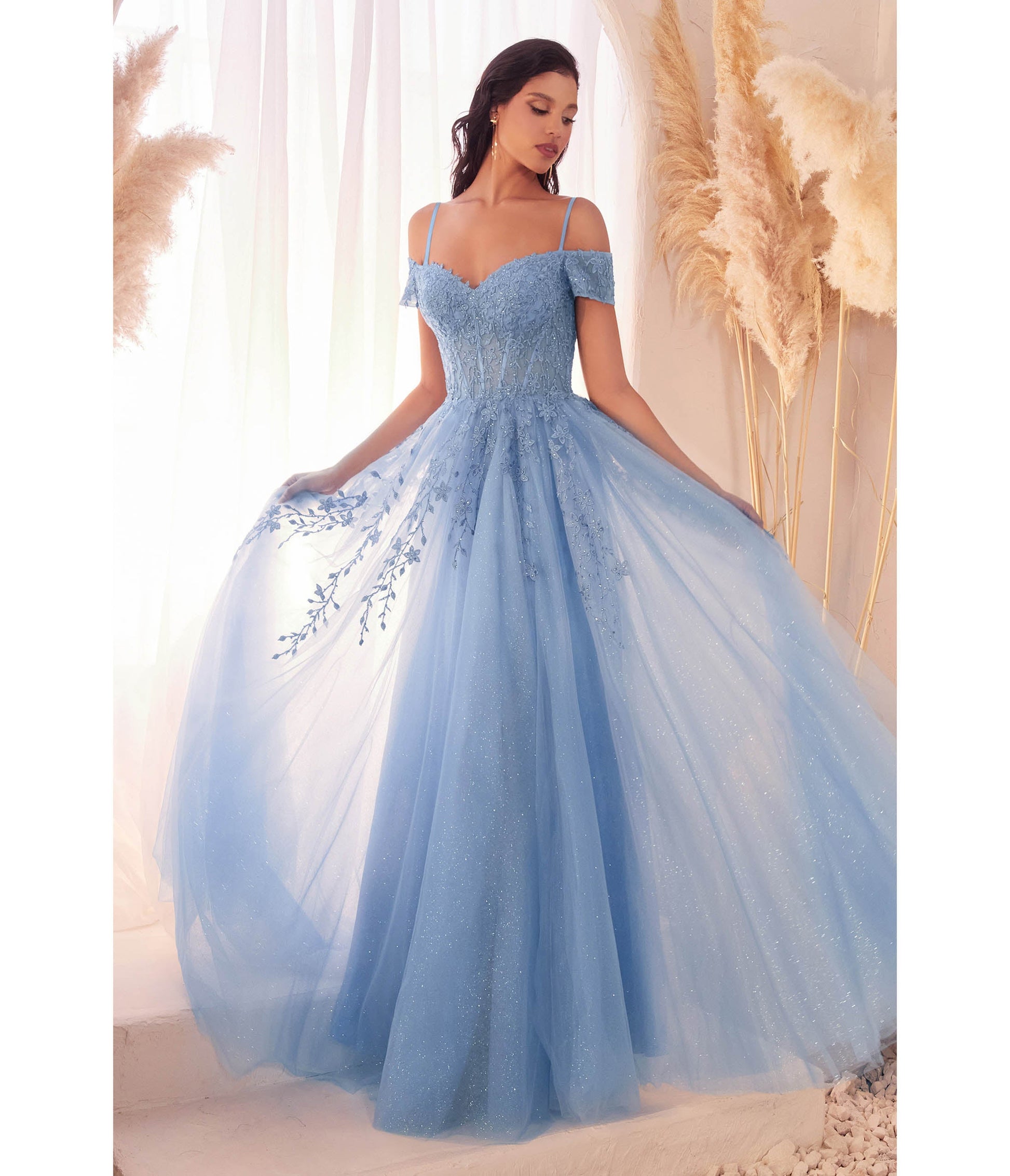 Blue Glitter Tulle Off The Shoulder Applique Slit Gown - Unique Vintage - Womens, DRESSES, PROM AND SPECIAL OCCASION