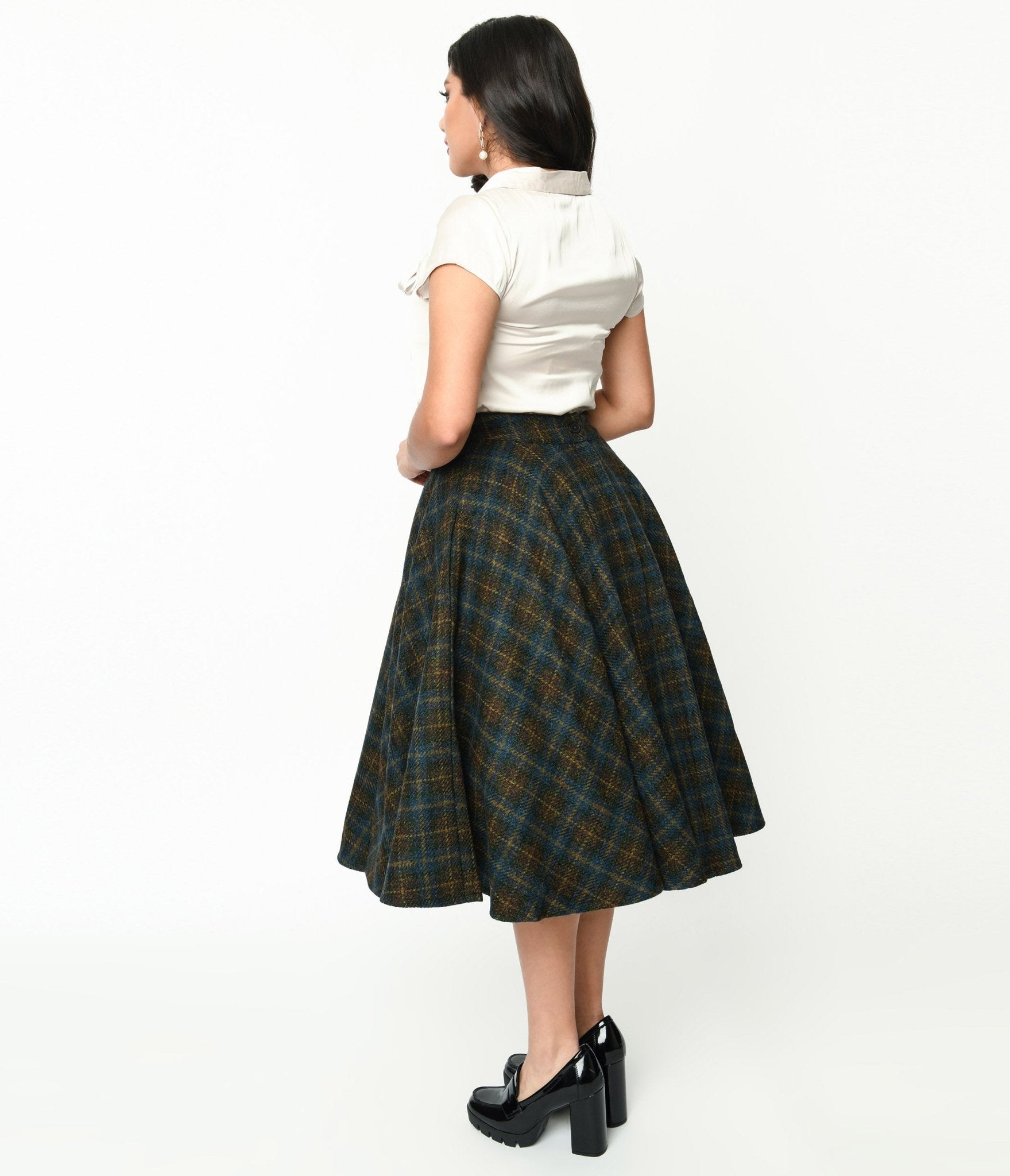 Blue & Green Check Plaid Swing Skirt - Unique Vintage - Womens, BOTTOMS, SKIRTS