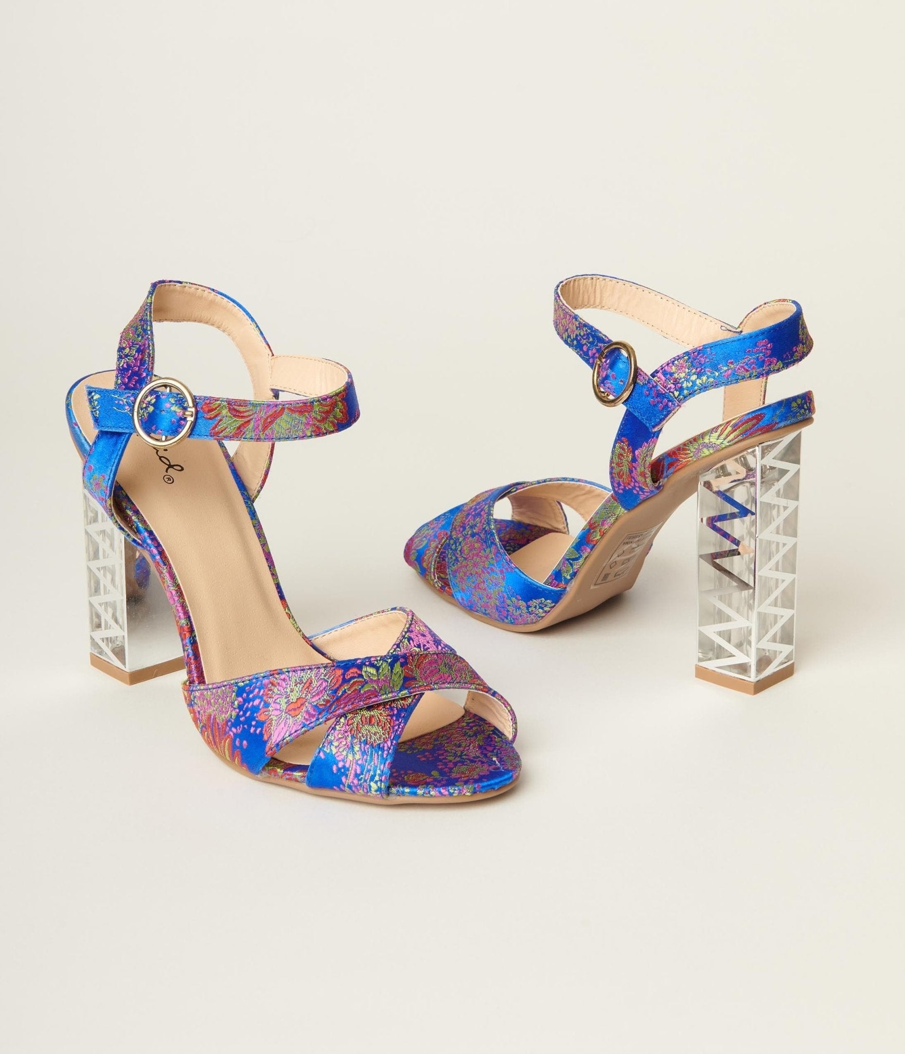 Blue & Multicolor Floral Peep Toe Heels - Unique Vintage - Womens, SHOES, HEELS