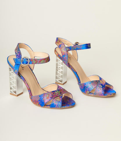 Blue & Multicolor Floral Peep Toe Heels - Unique Vintage - Womens, SHOES, HEELS