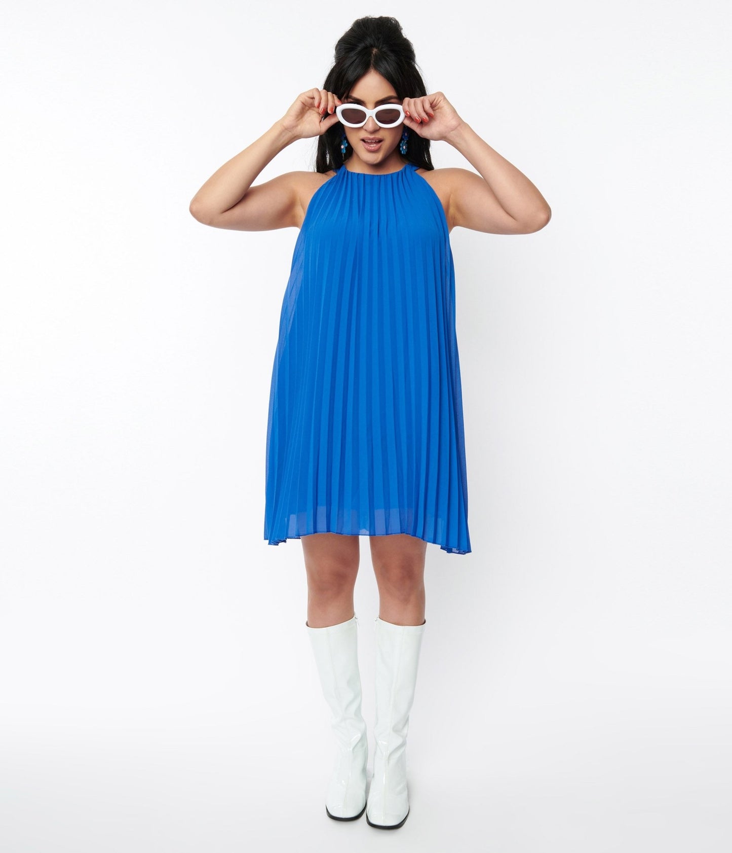 Blue Pleated Crepe Halter Shift Dress - Unique Vintage - Womens, DRESSES, SHIFTS