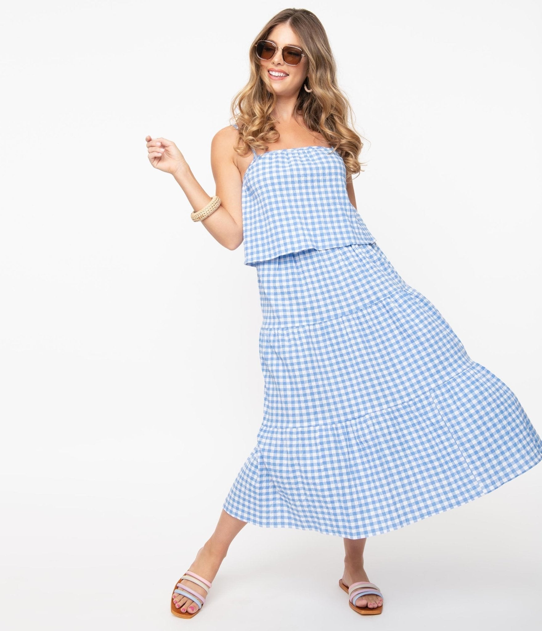 Blue & White Gingham Tiered Midi Skirt - Unique Vintage - Womens, BOTTOMS, SKIRTS