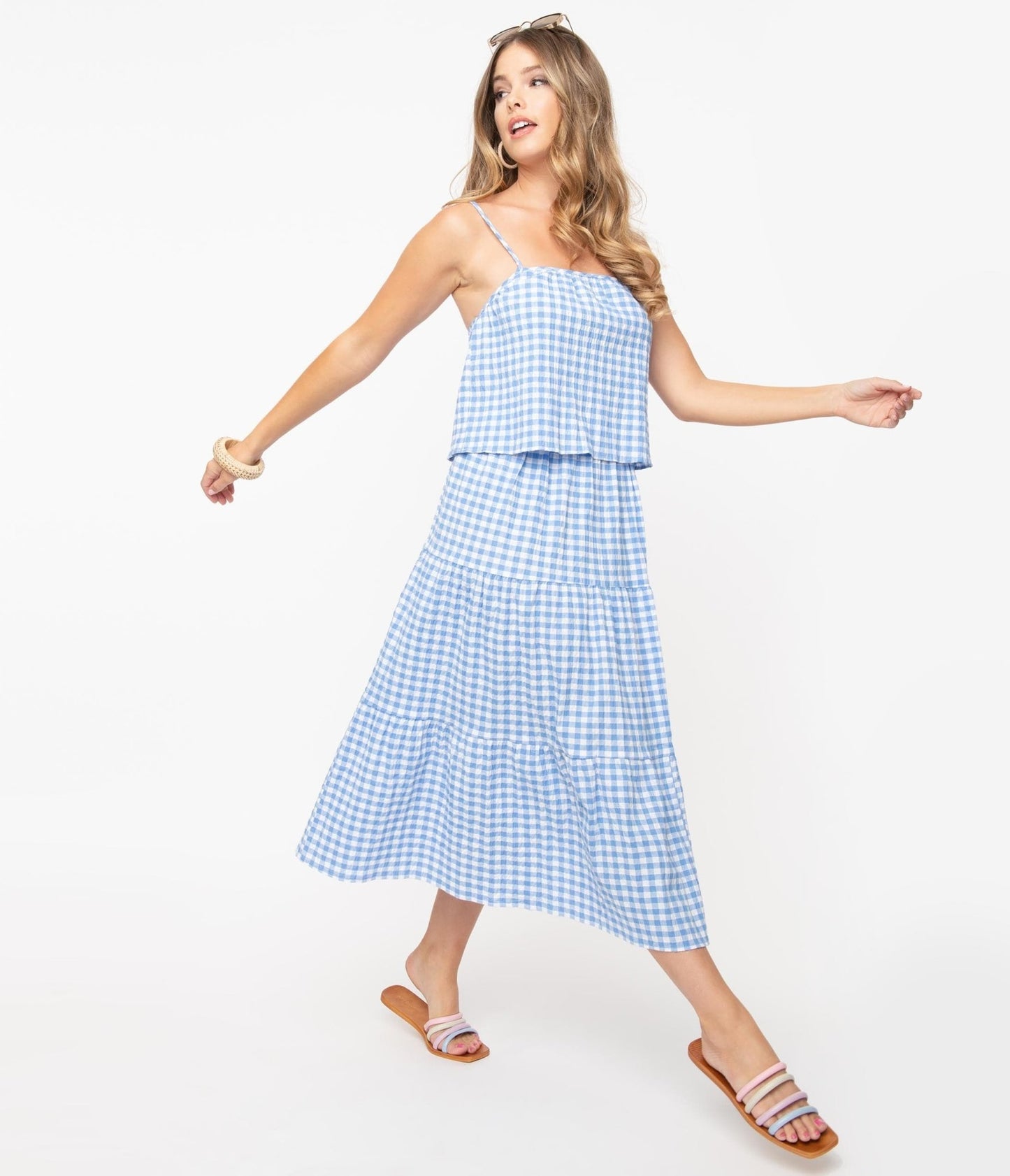 Blue & White Gingham Tiered Midi Skirt - Unique Vintage - Womens, BOTTOMS, SKIRTS