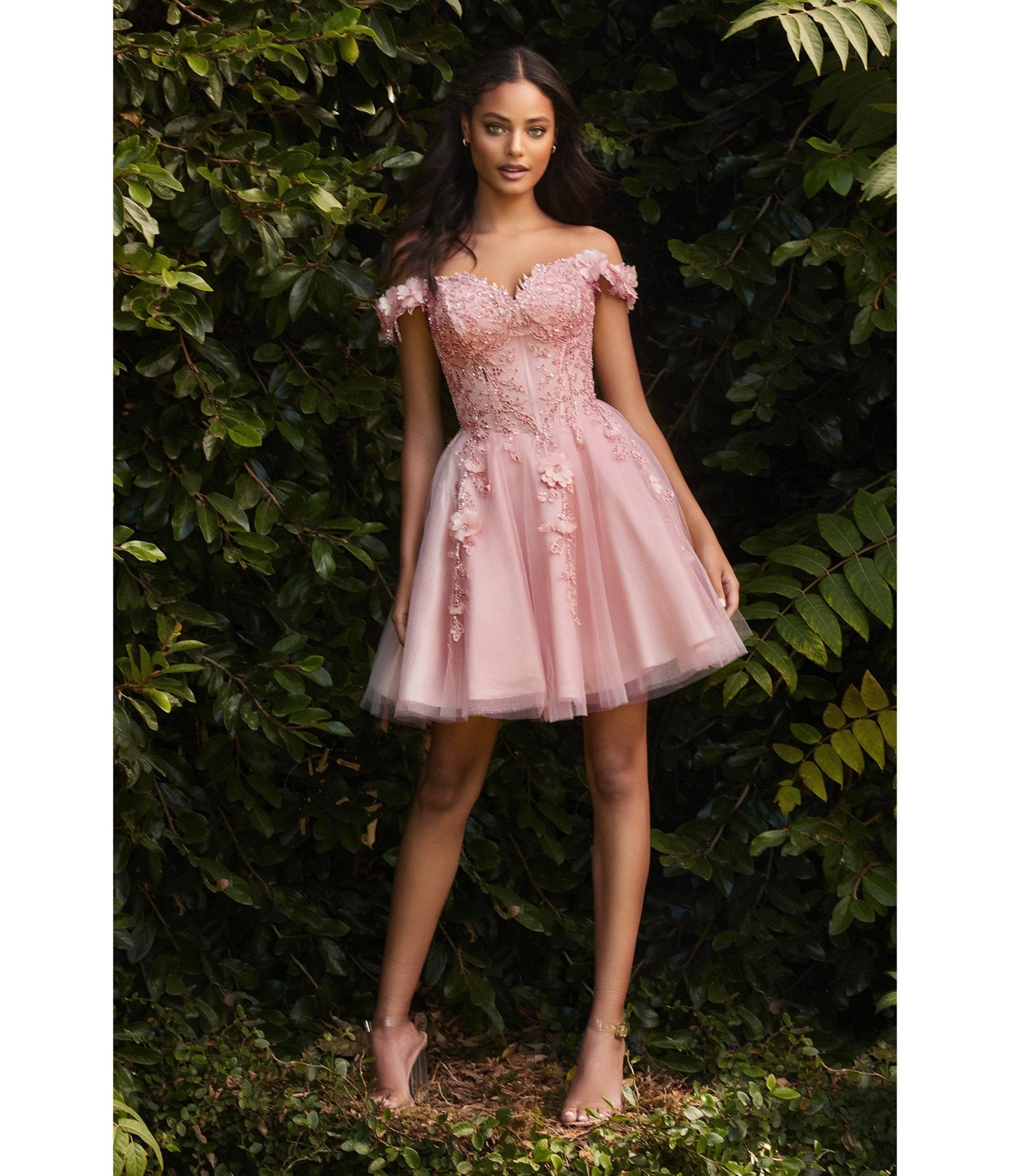 Blush Beaded & Floral Applique Off The Shoulder Cocktail Dress - Unique Vintage - Womens, DRESSES, PROM AND SPECIAL OCCASION