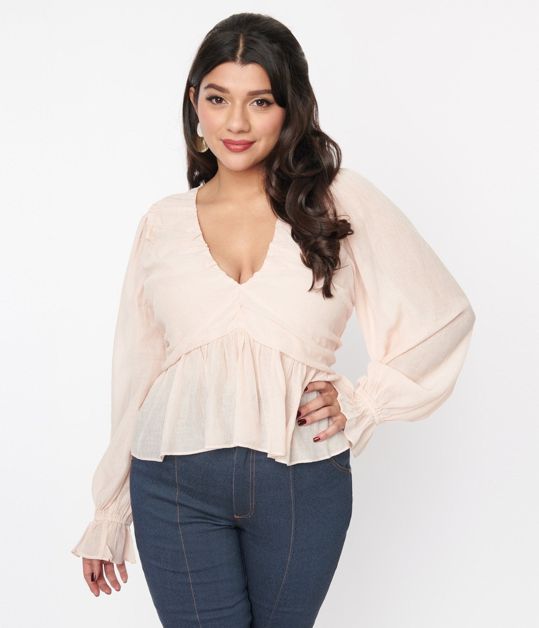 Blush Chiffon Long Sleeve Blouse - Unique Vintage - Womens, TOPS, WOVEN TOPS