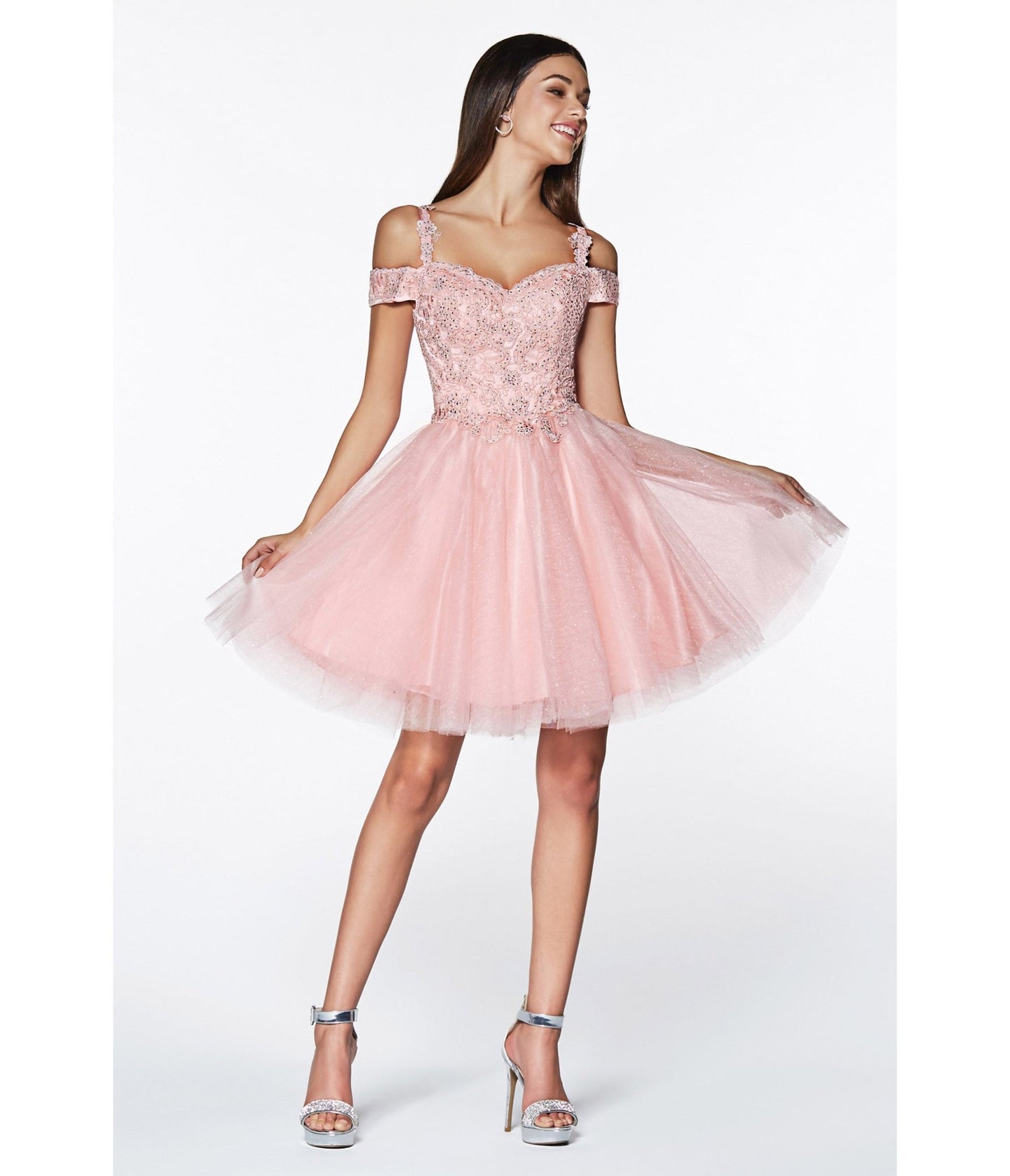 Blush Glitter Tulle Cold Shoulder Homecoming Dress - Unique Vintage - Womens, DRESSES, PROM AND SPECIAL OCCASION