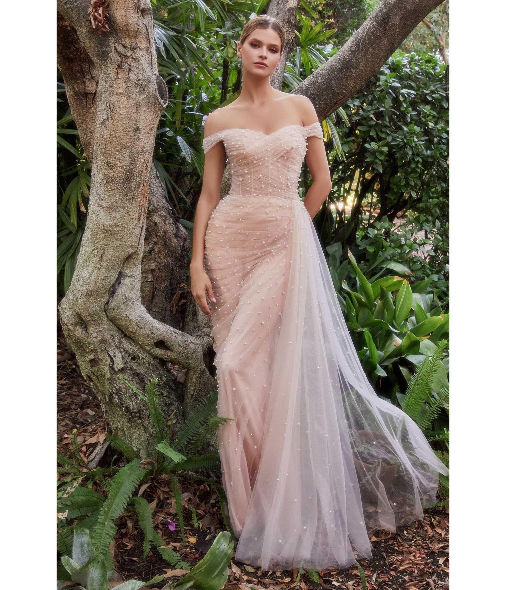Blush Pearl Pleated Tulle Fairytale Gown with Cape - Unique Vintage - Womens, DRESSES, PROM AND SPECIAL OCCASION