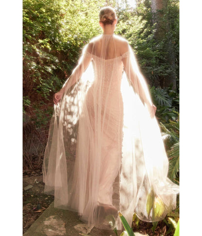 Blush Pearl Pleated Tulle Fairytale Gown with Cape - Unique Vintage - Womens, DRESSES, PROM AND SPECIAL OCCASION