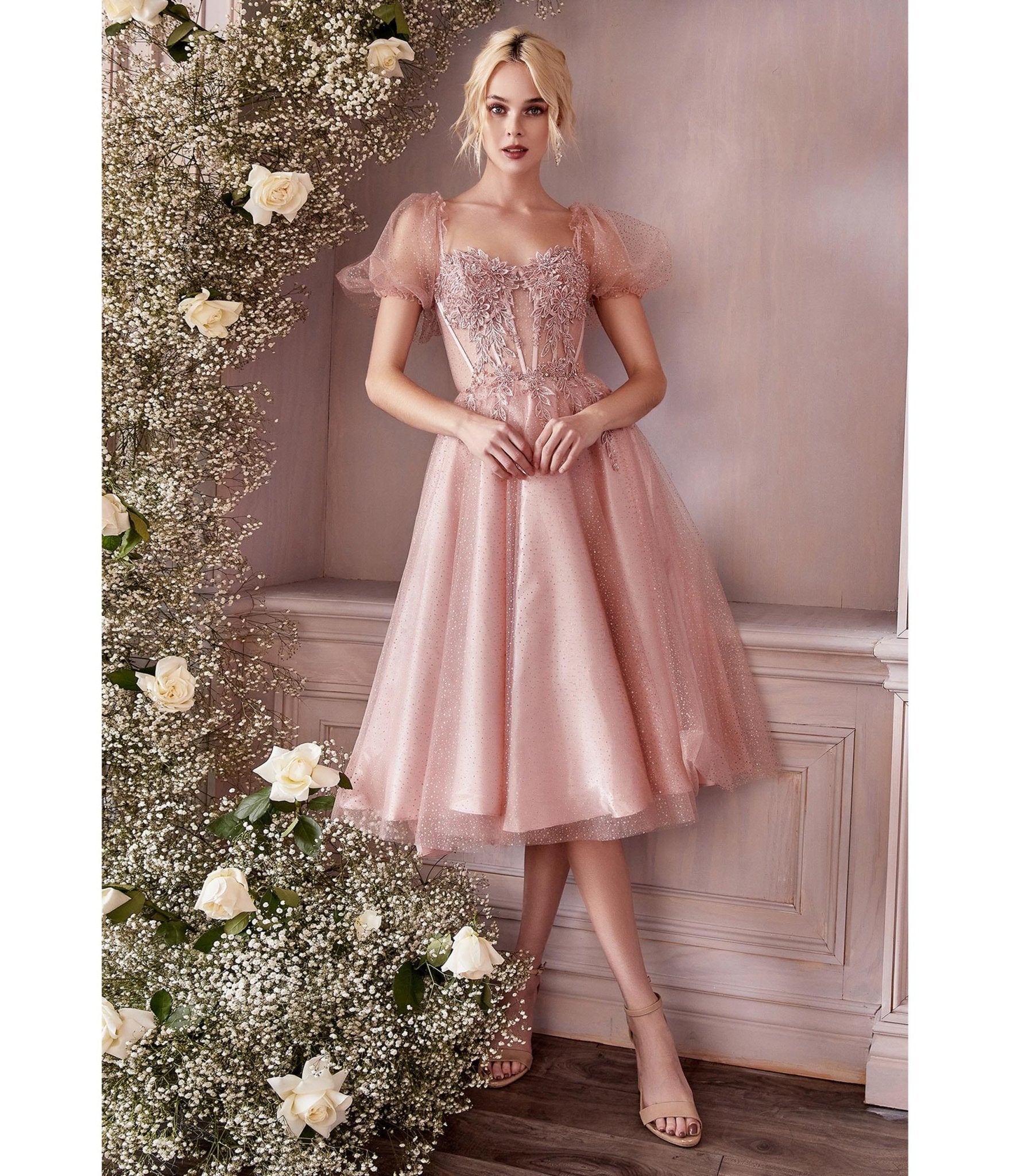 Blush Pink Glitter Floral Swing Prom Dress - Unique Vintage - Womens, DRESSES, PROM AND SPECIAL OCCASION