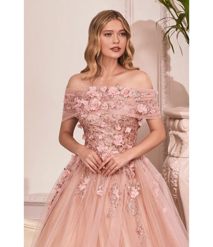 Blush & Rose Gold Off The Shoulder Glitter Bridesmaid Ball Gown - Unique Vintage - Womens, DRESSES, PROM AND SPECIAL OCCASION