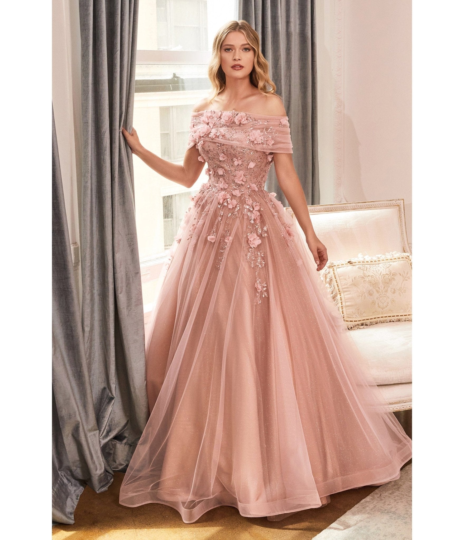 Blush & Rose Gold Off The Shoulder Magical Glitter Bridesmaid Ball Gown - Unique Vintage - Womens, DRESSES, PROM AND SPECIAL OCCASION
