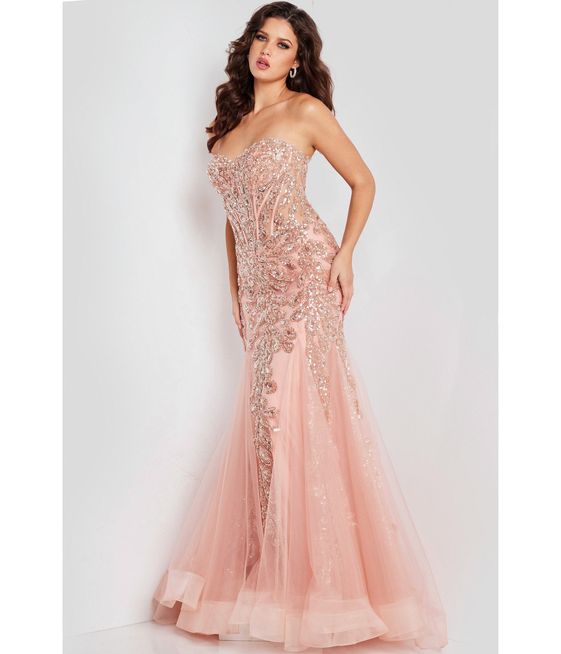 Blush Sequin Embellished Corset Trumpet Evening Gown - Unique Vintage - Womens, DRESSES, PROM AND SPECIAL OCCASION