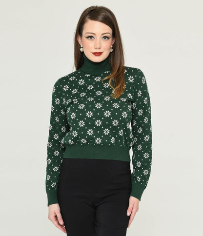 Bright & Beautiful Green & White Snowflake Sweater - Unique Vintage - Womens, TOPS, SWEATERS