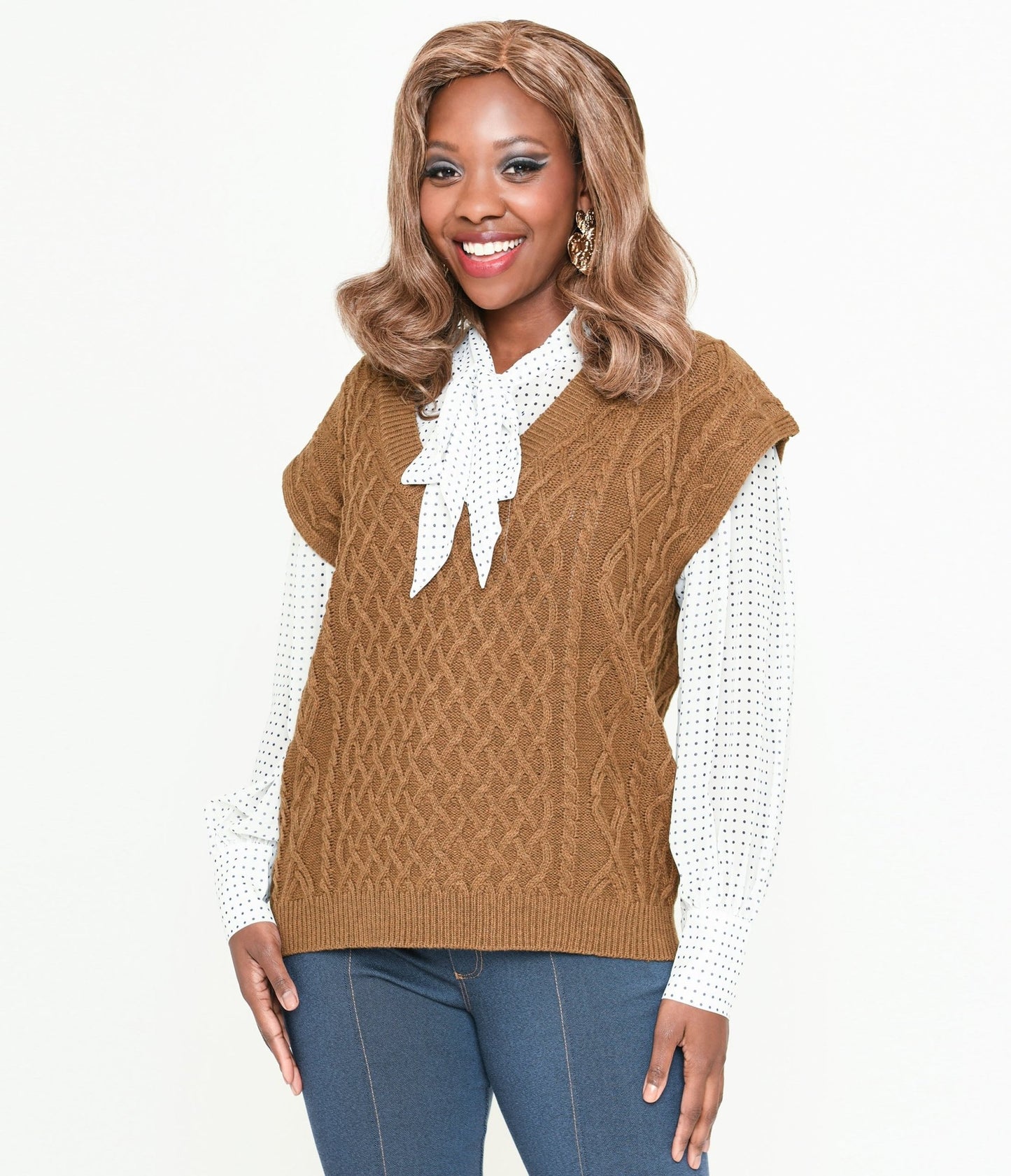 Brown Cable Knit Sweater Vest - Unique Vintage - Womens, TOPS, KNIT TOPS