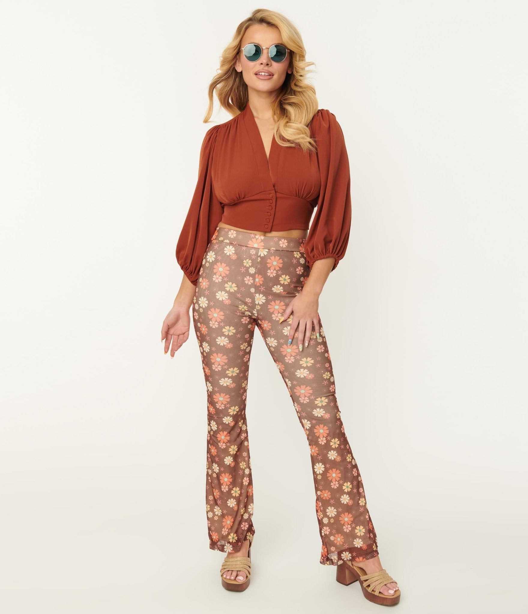 Brown & Multicolor Floral Mesh Flare Pants - Unique Vintage - Womens, BOTTOMS, PANTS