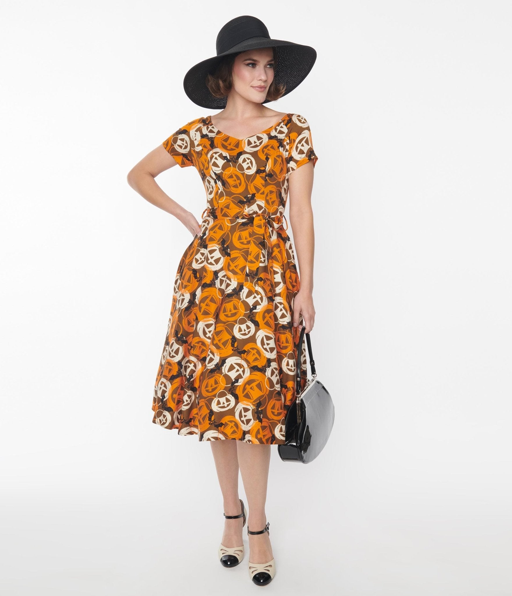 Brown & Orange Pumpkins Bella Swing Dress - Unique Vintage - Womens, HALLOWEEN, DRESSES