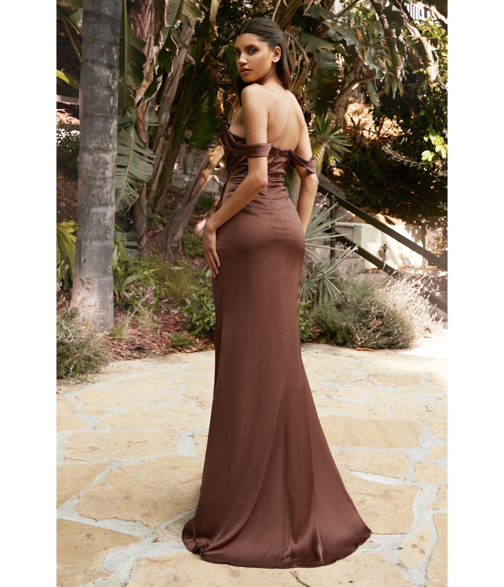 Brown Satin Draped Off The Shoulder Bridesmaid Dress - Unique Vintage - Womens, DRESSES, PROM AND SPECIAL OCCASION