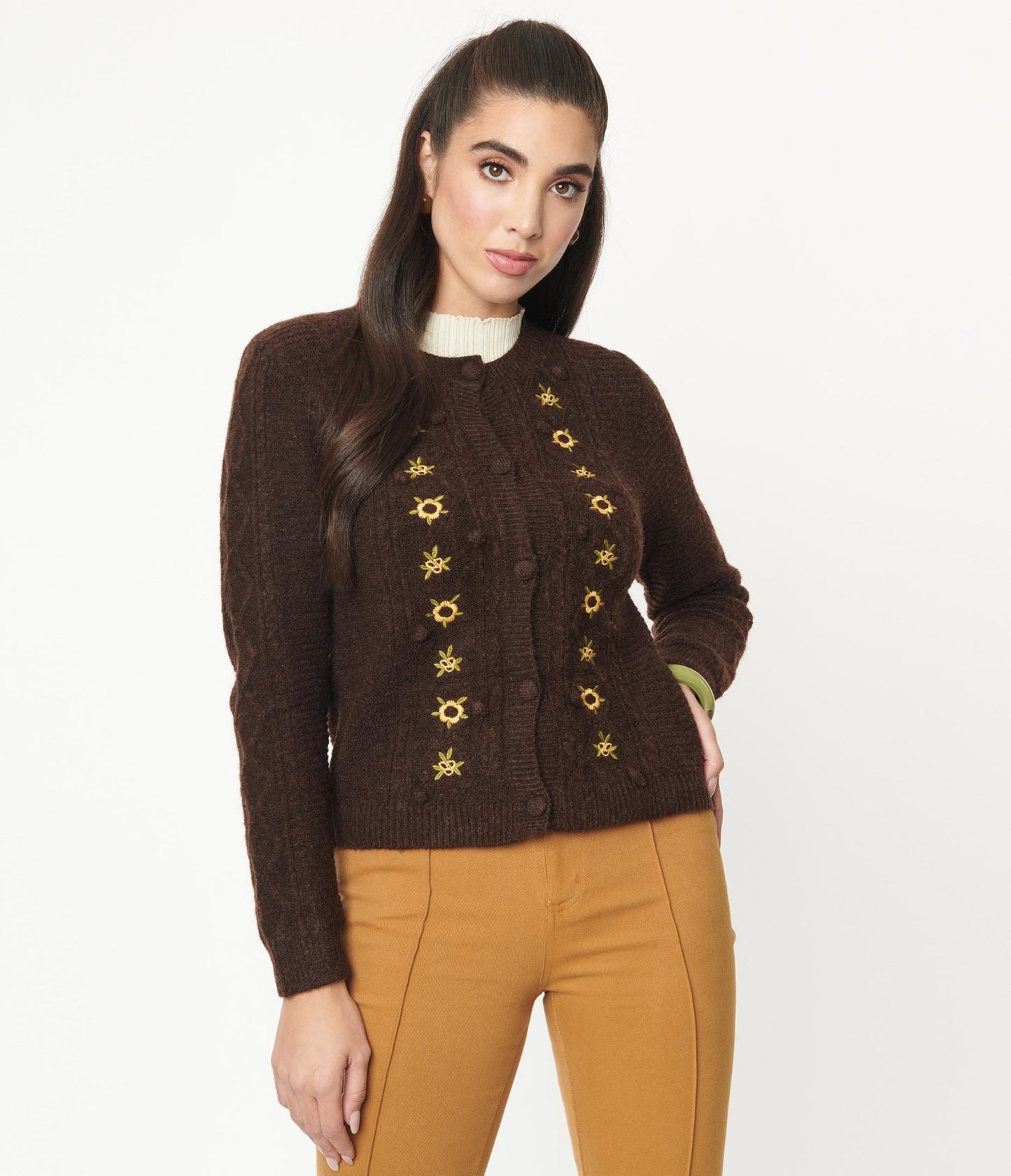 Brown & Sunflowers Cardigan - Unique Vintage - Womens, TOPS, SWEATERS