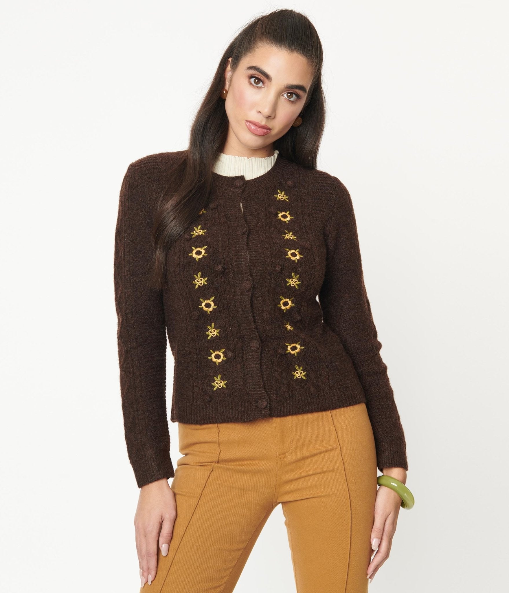 Brown & Sunflowers Cardigan - Unique Vintage - Womens, TOPS, SWEATERS