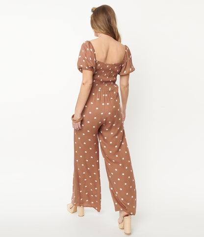 Brown & White Polka Dot Jumpsuit - Unique Vintage - Womens, BOTTOMS, ROMPERS AND JUMPSUITS