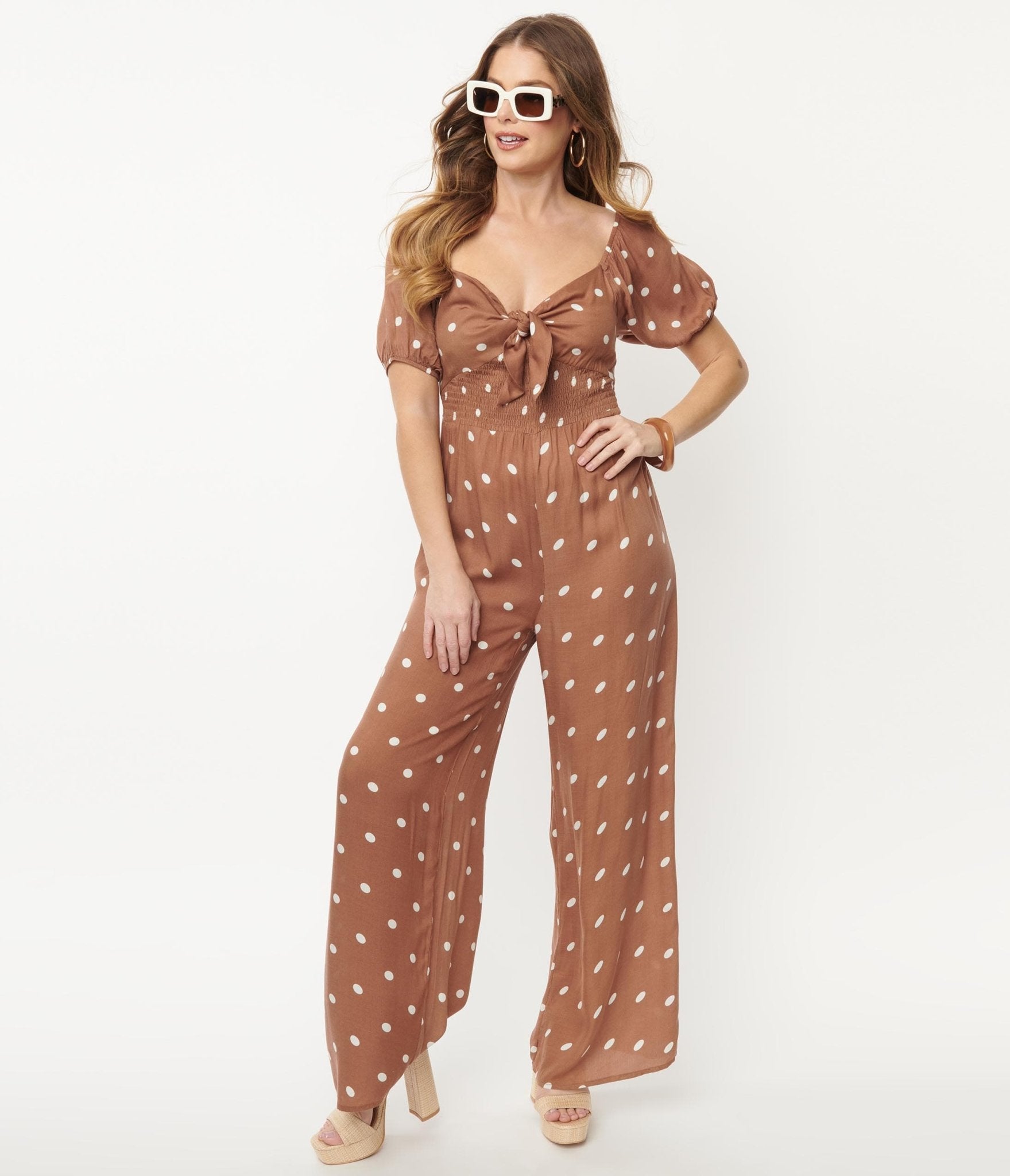 Brown & White Polka Dot Jumpsuit - Unique Vintage - Womens, BOTTOMS, ROMPERS AND JUMPSUITS