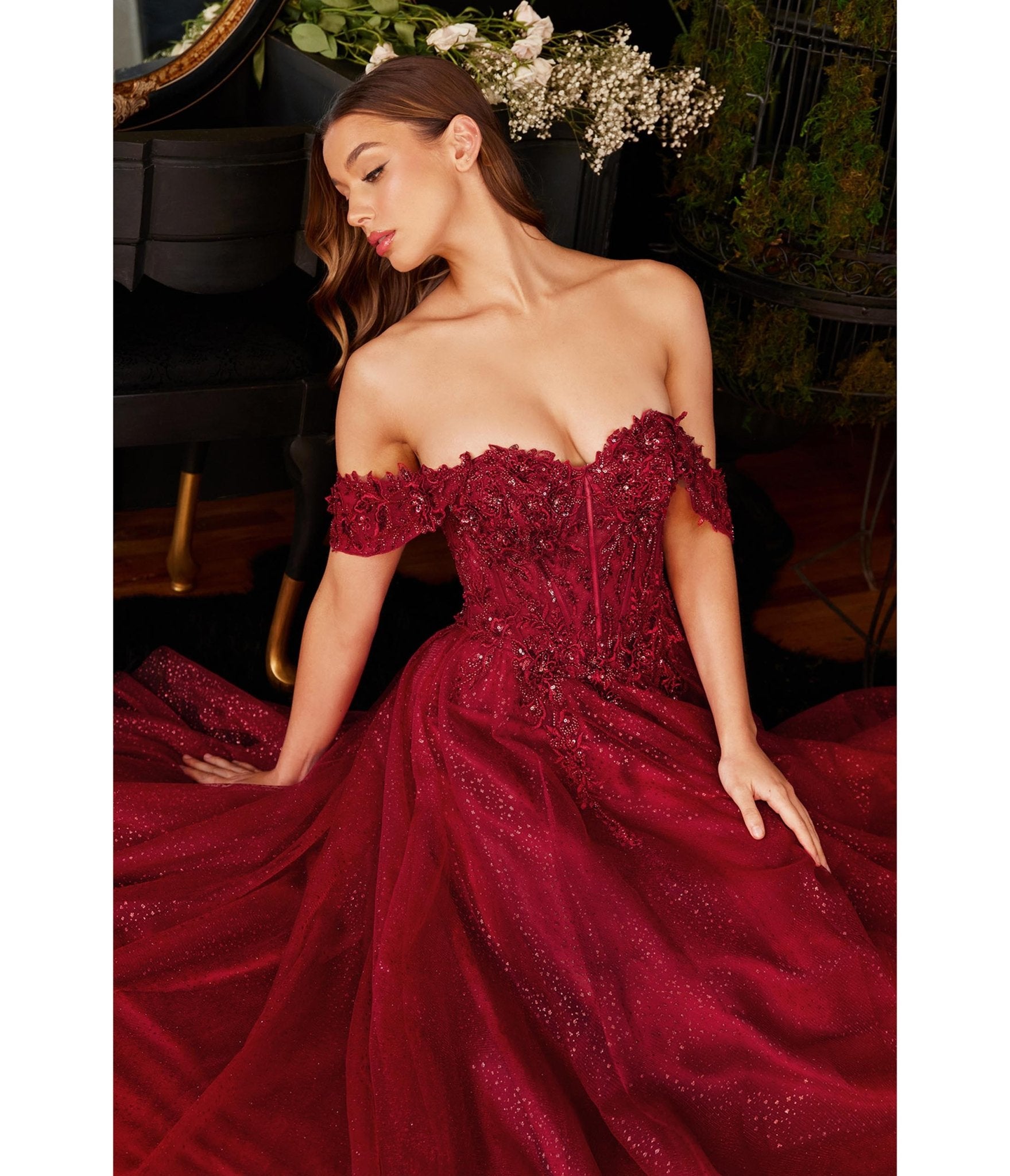 Burgundy Glitter Lace & Tulle Off The Shoulder Prom Gown - Unique Vintage - Womens, DRESSES, PROM AND SPECIAL OCCASION