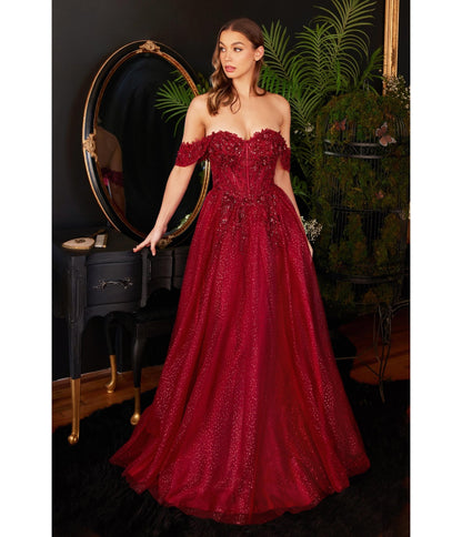 Burgundy Glitter Lace & Tulle Off The Shoulder Prom Gown - Unique Vintage - Womens, DRESSES, PROM AND SPECIAL OCCASION