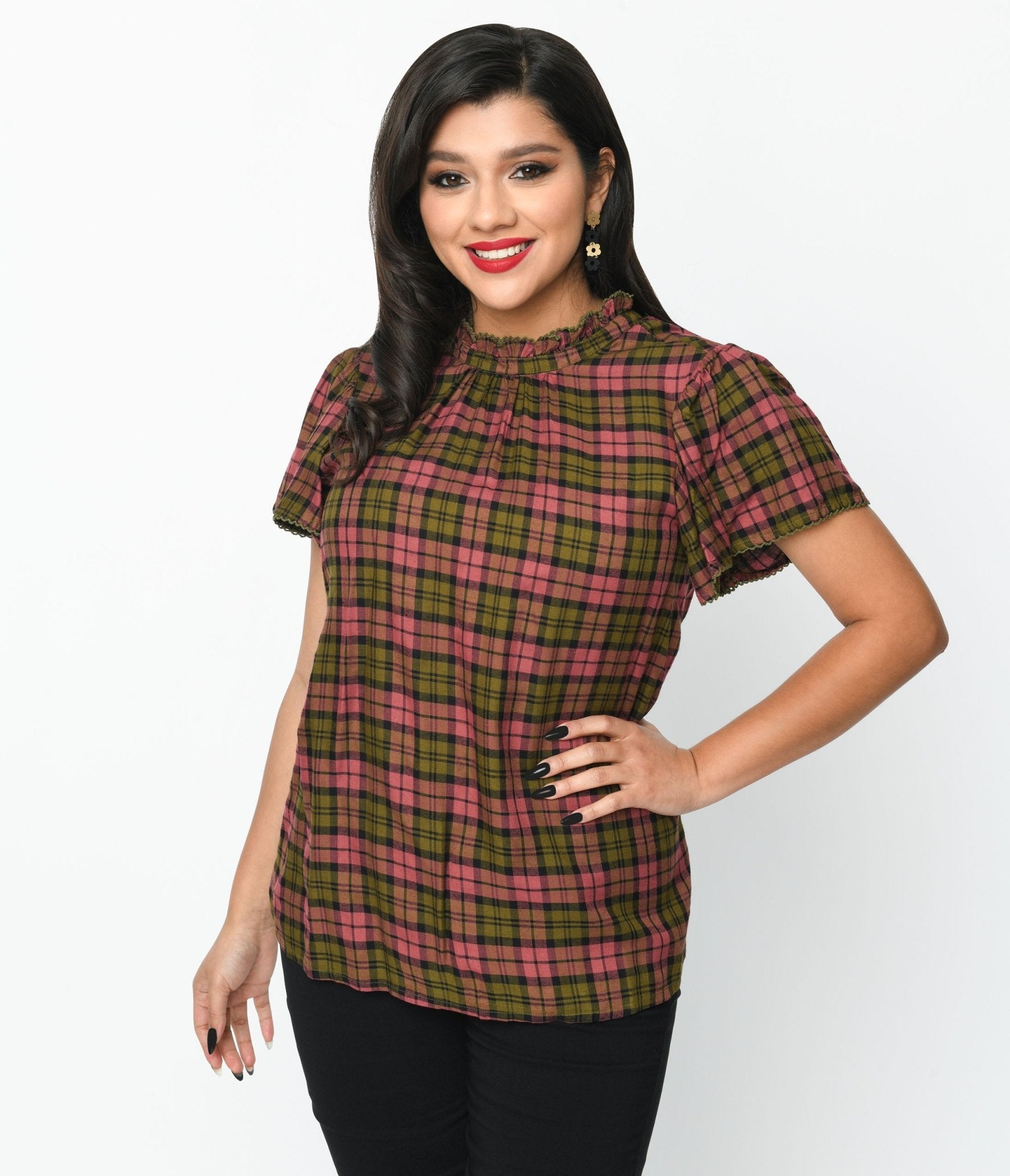 Burgundy & Green Plaid Charlotte Top - Unique Vintage - Womens, TOPS, WOVEN TOPS