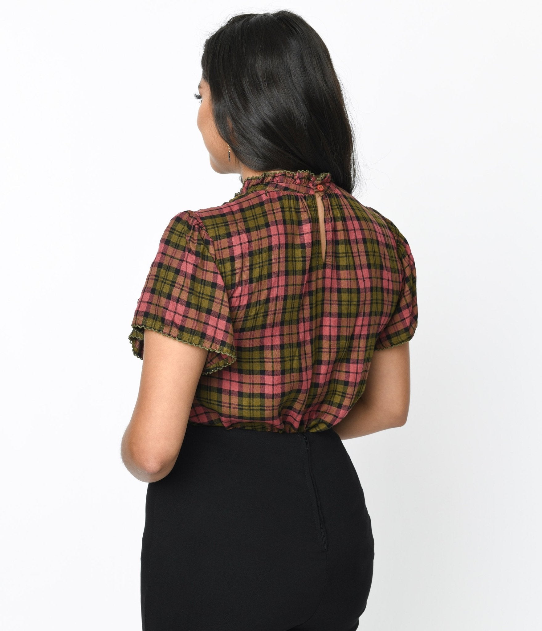 Burgundy & Green Plaid Charlotte Top - Unique Vintage - Womens, TOPS, WOVEN TOPS