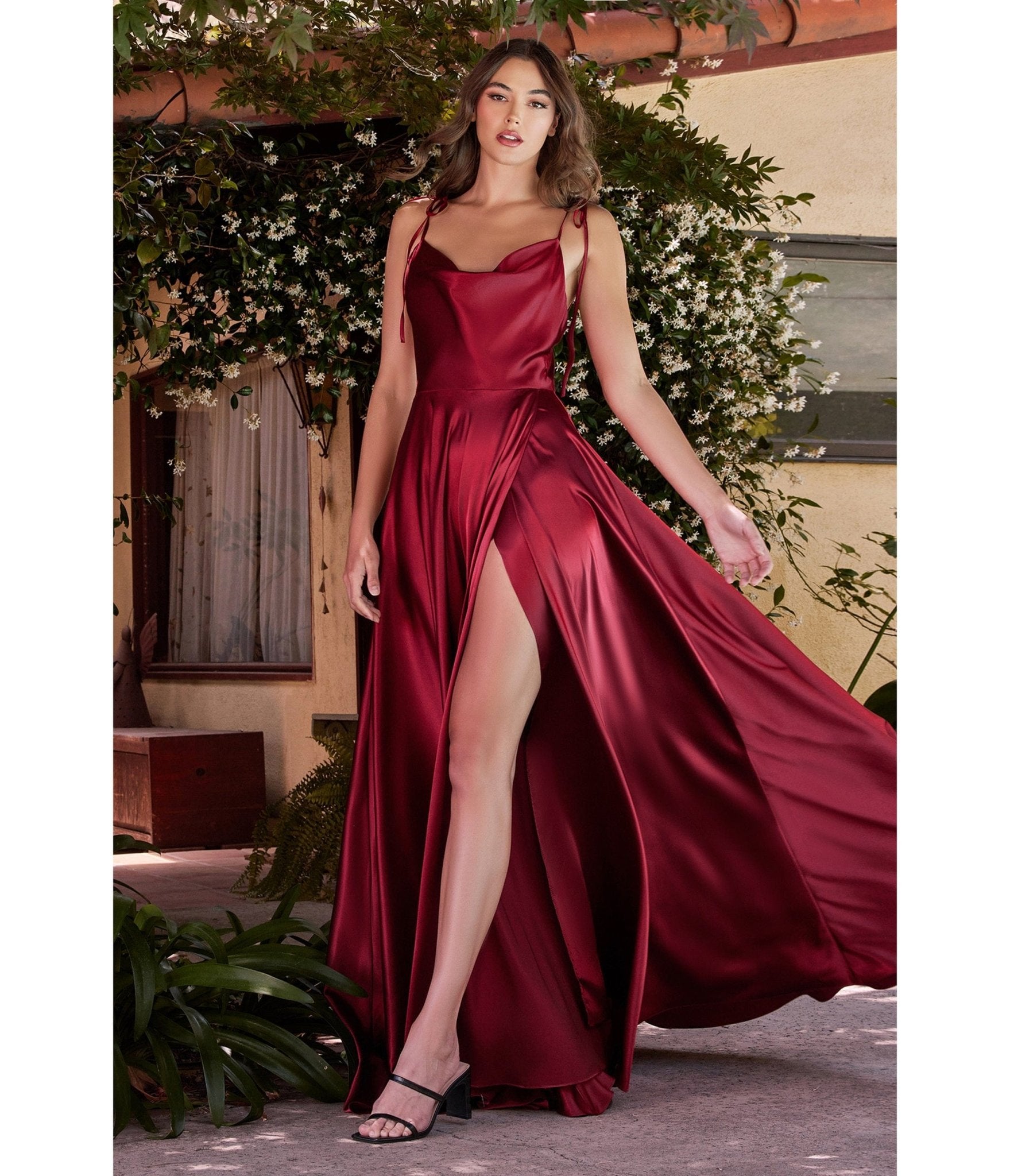 Cinderella Divine Burgundy Liquid Satin Prom Gown